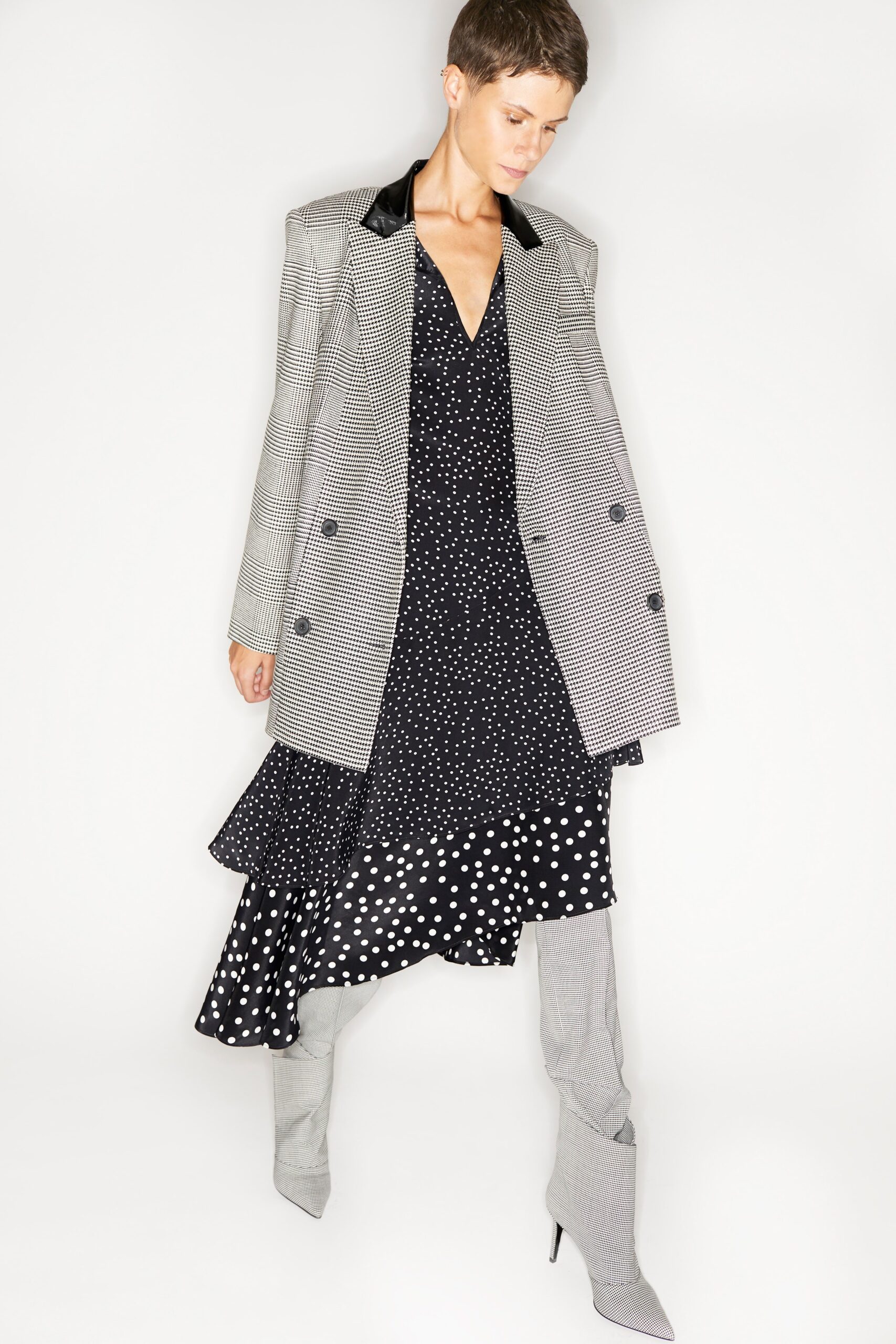 black polka-dot midi dress with gray blazer