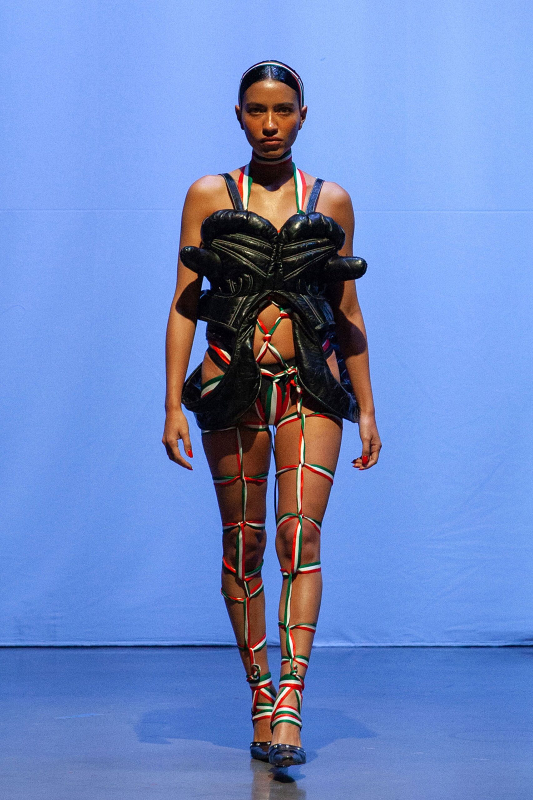 black leather corset and multi leggings