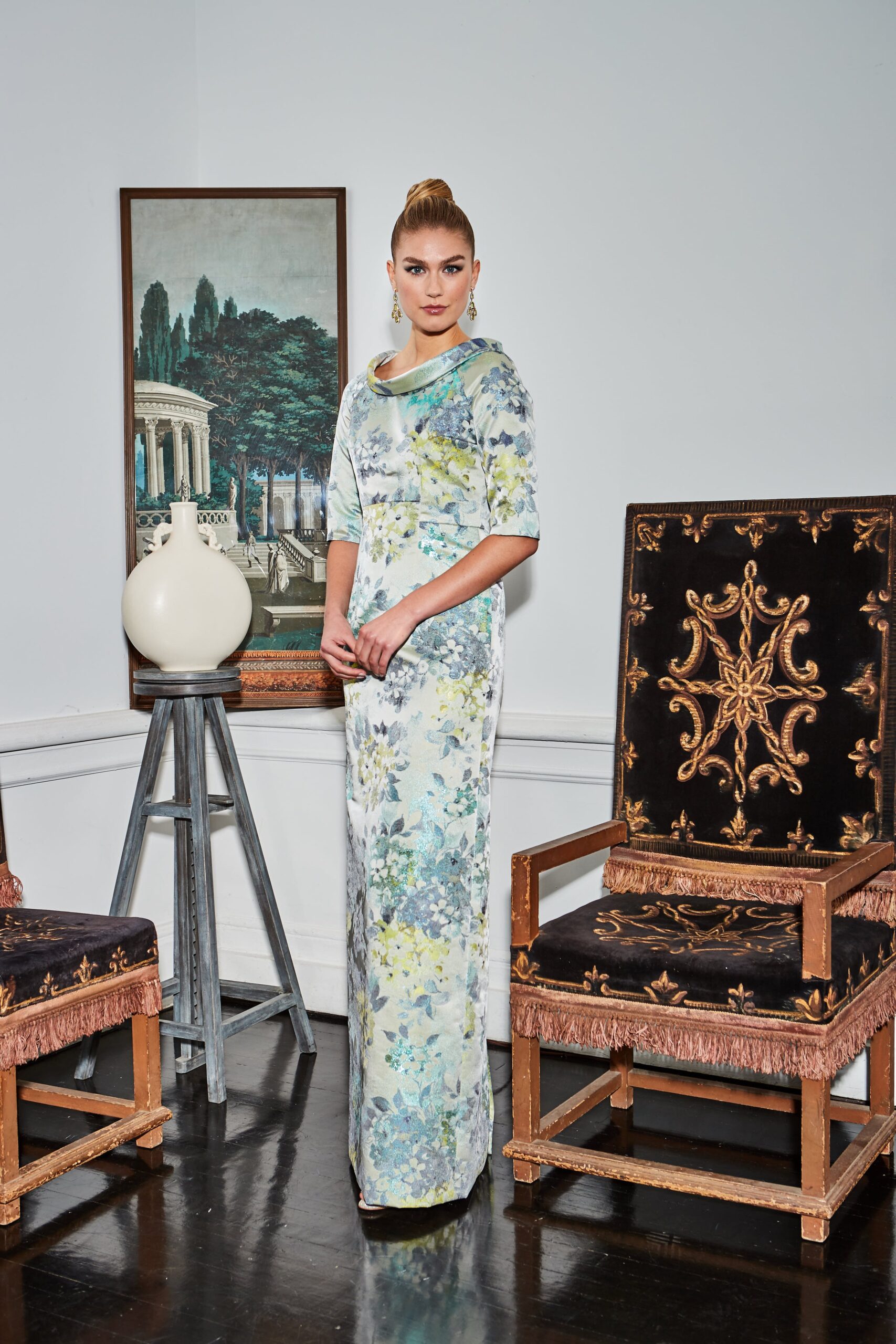 floral silk fitted gown