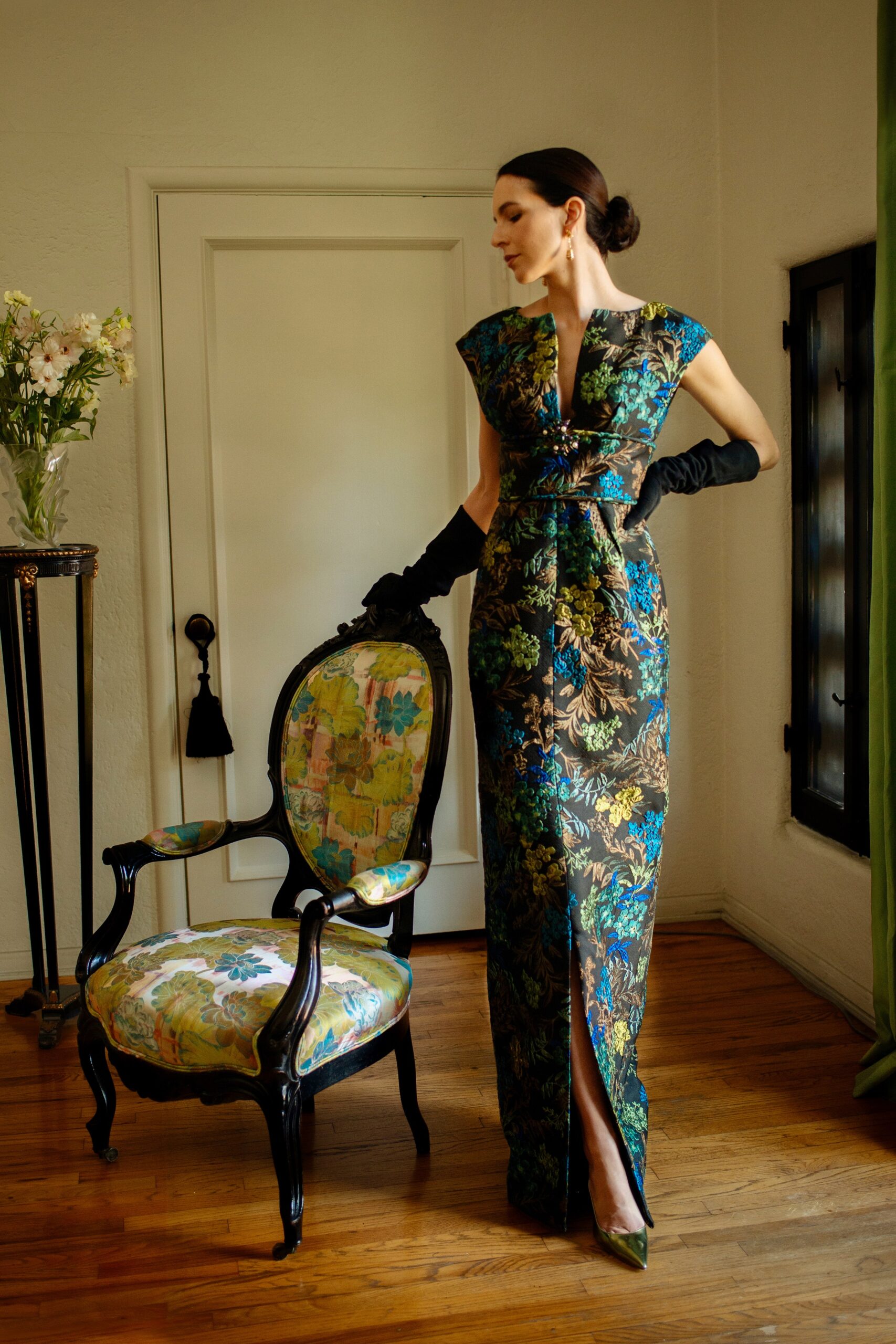 black floral silk gown with gloves