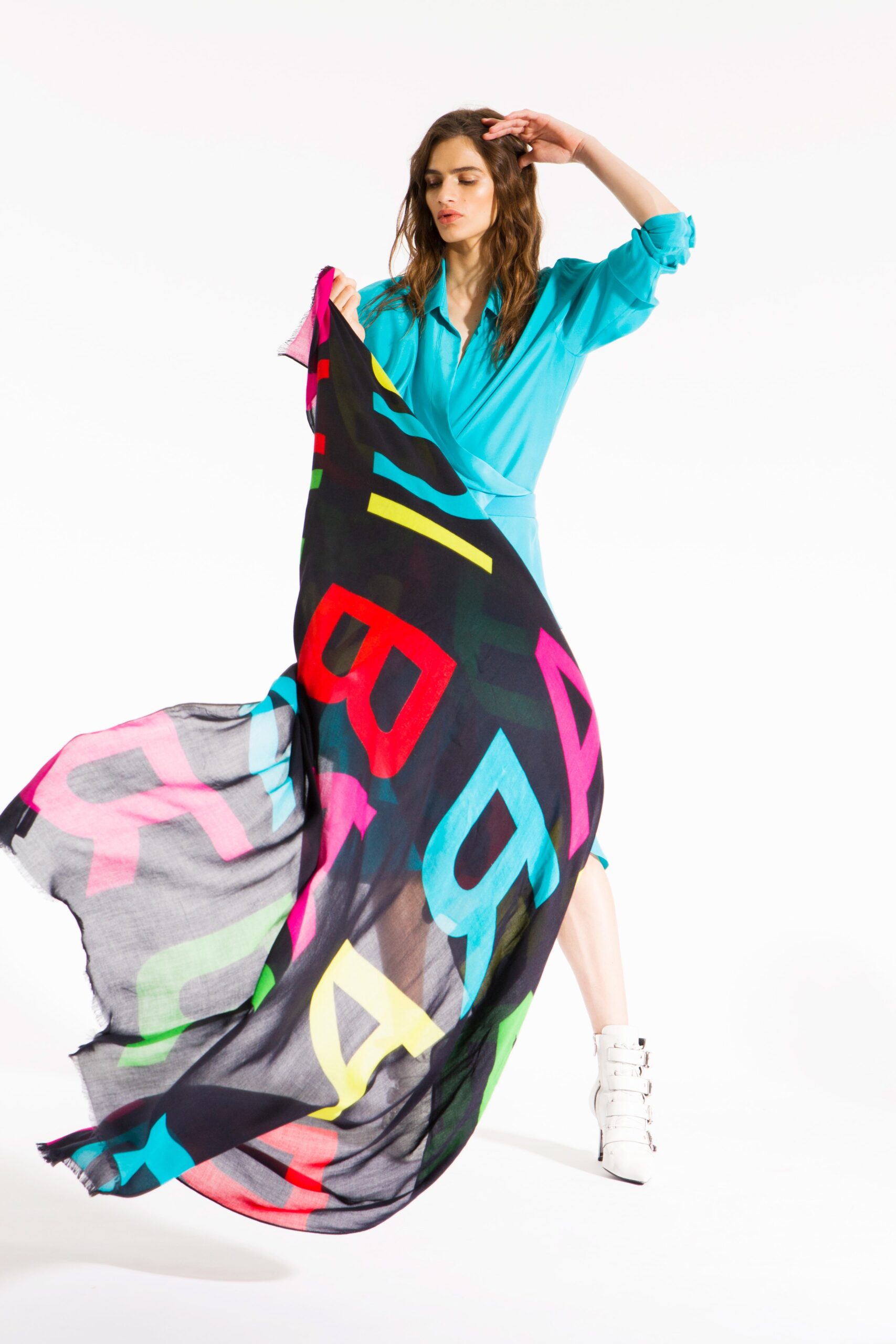 blue chiffon midi dress with printed cape