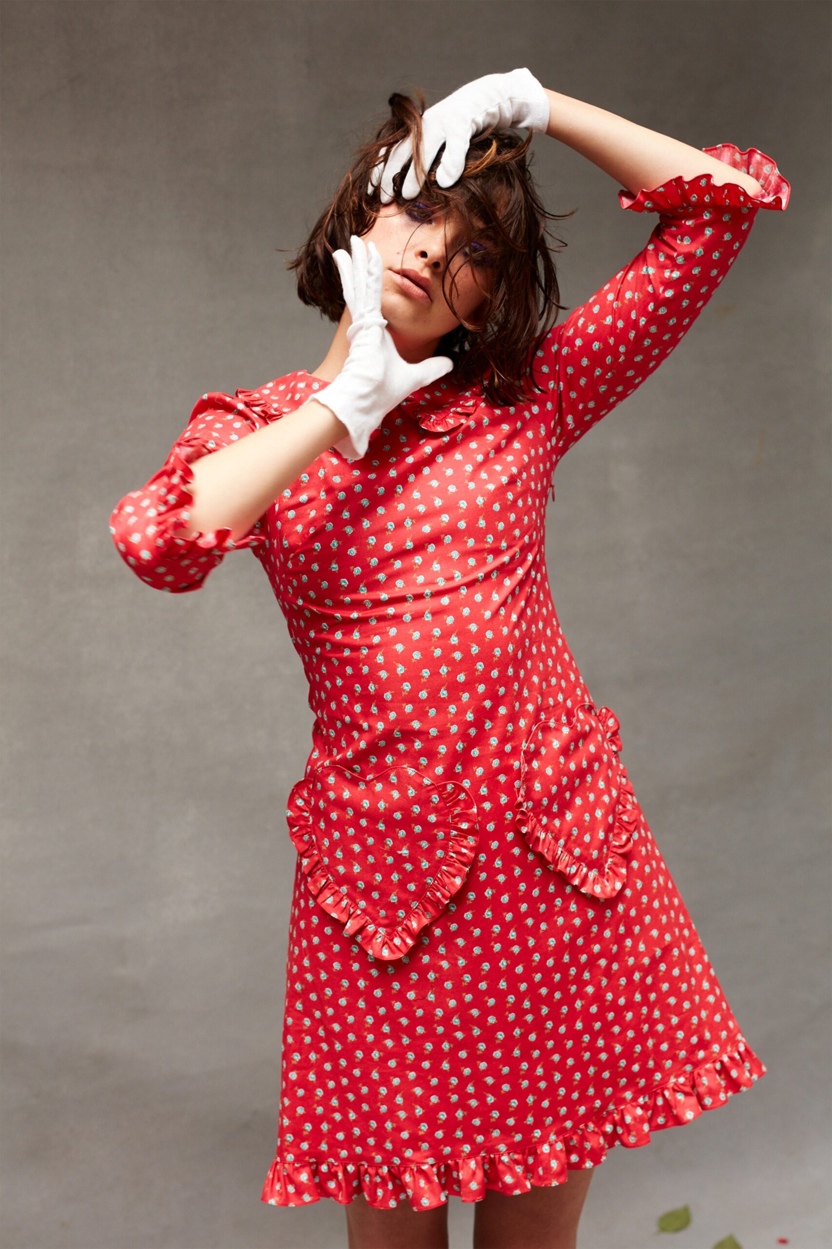 red cotton long-sleeve v-neck fitted ruffled polka-dot dress