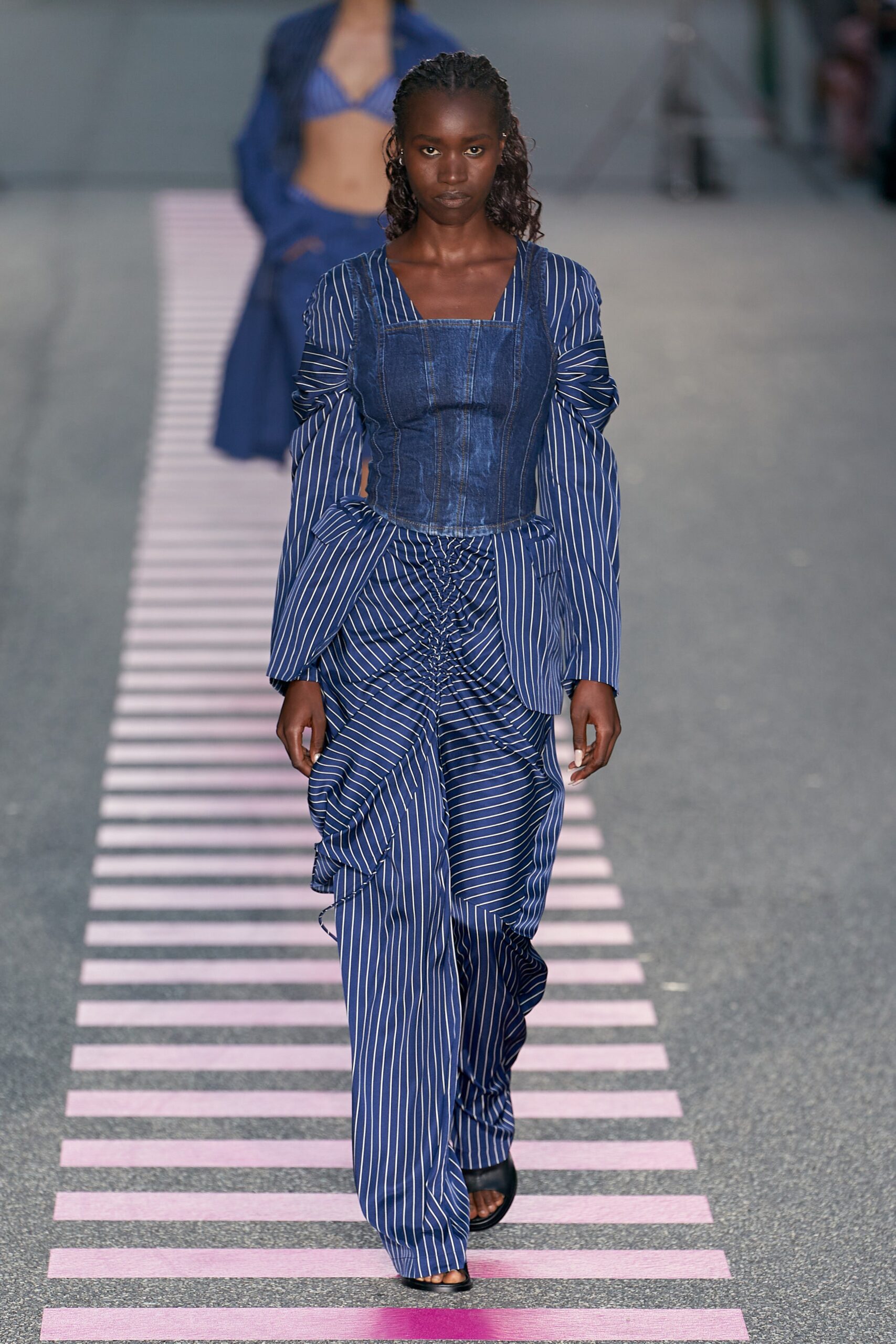 blue denim fitted jumpsuit