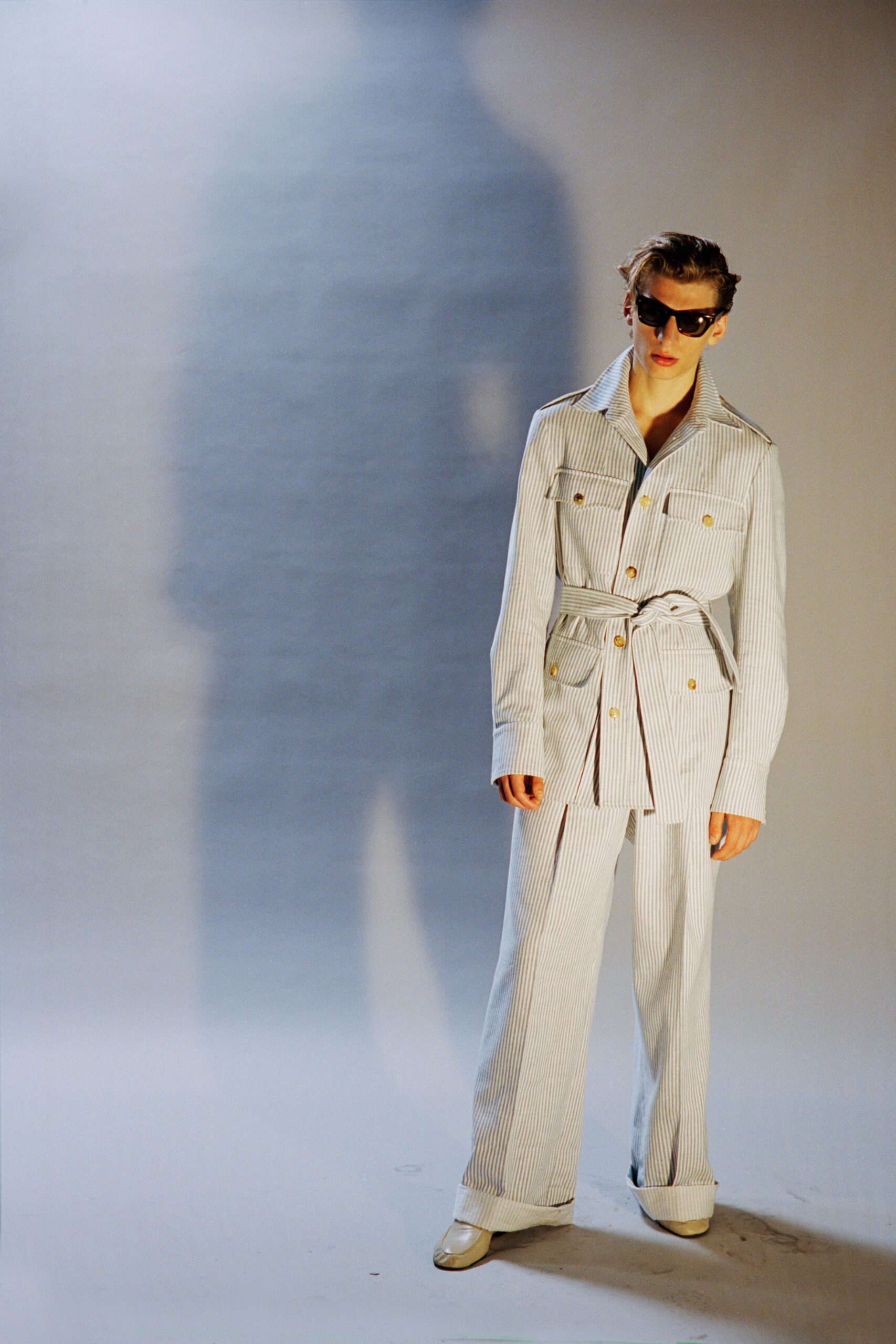 fitted white and blue jacket with pants