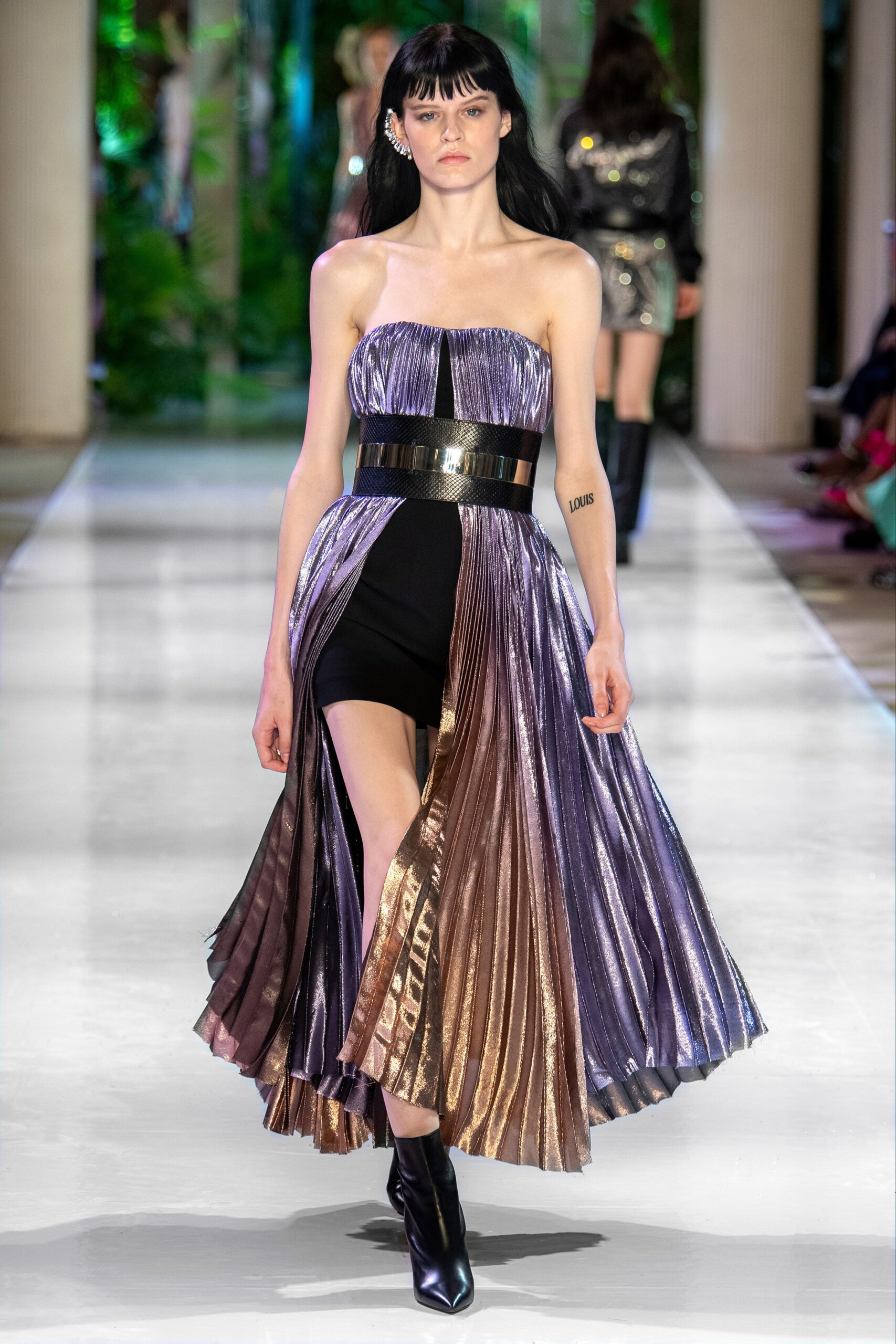 purple and gold pleated dress
