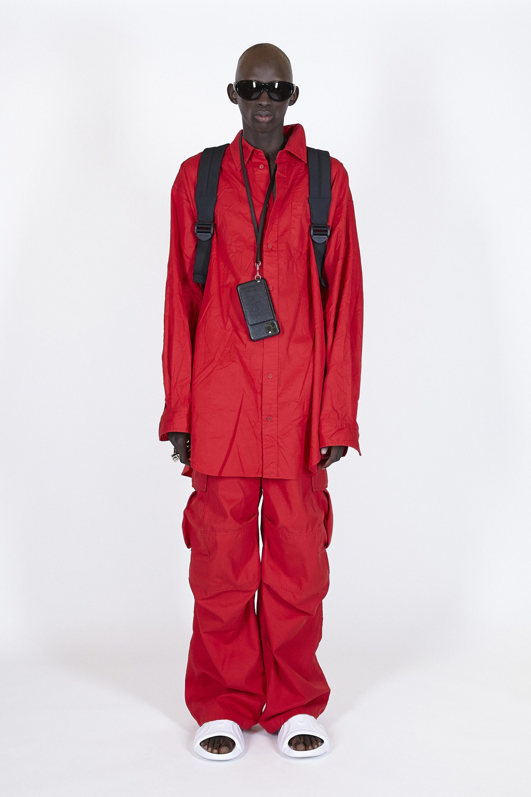 red cotton long-sleeve collared oversized buttoned shirt