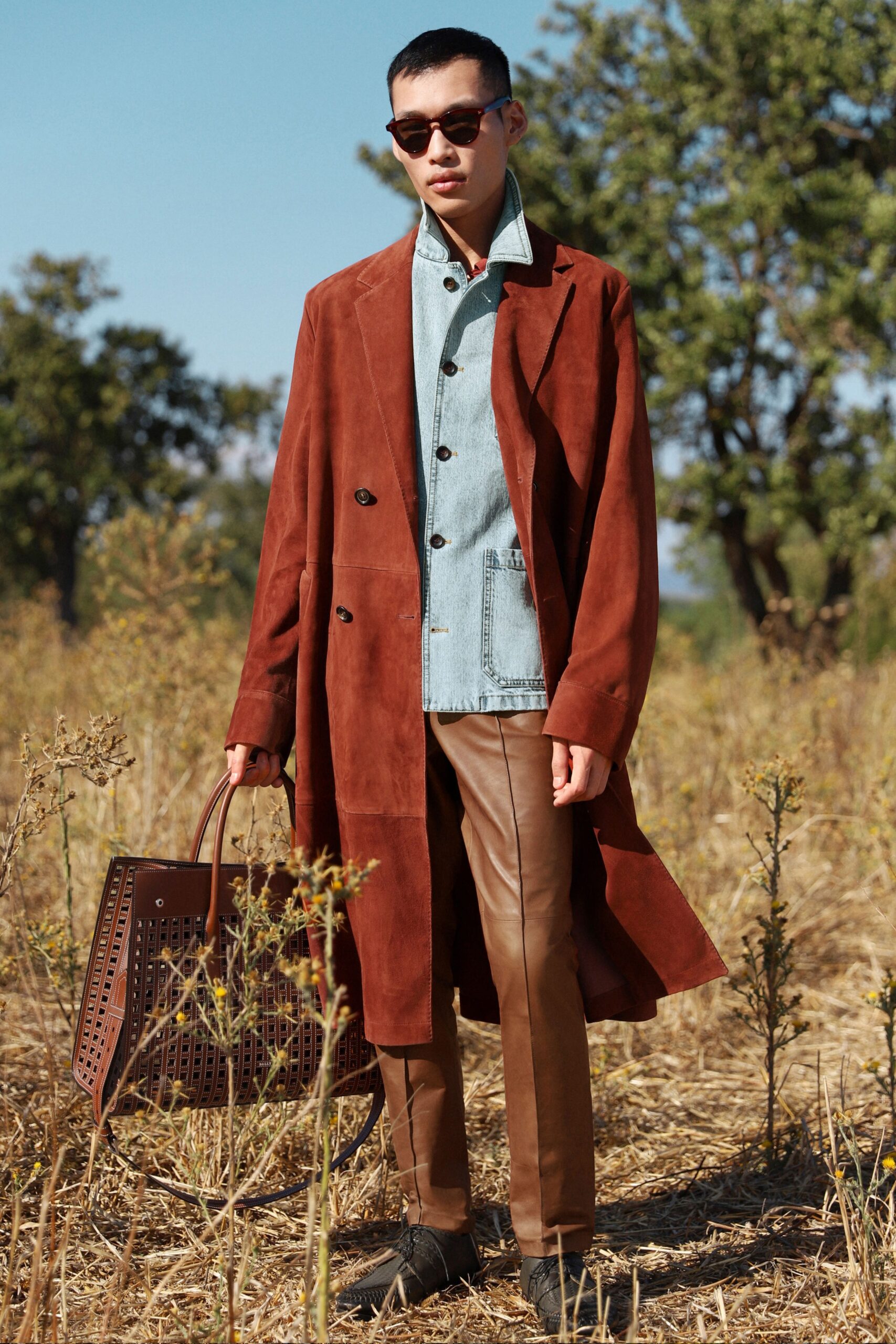 brown suede long-sleeve collared relaxed buttoned coat