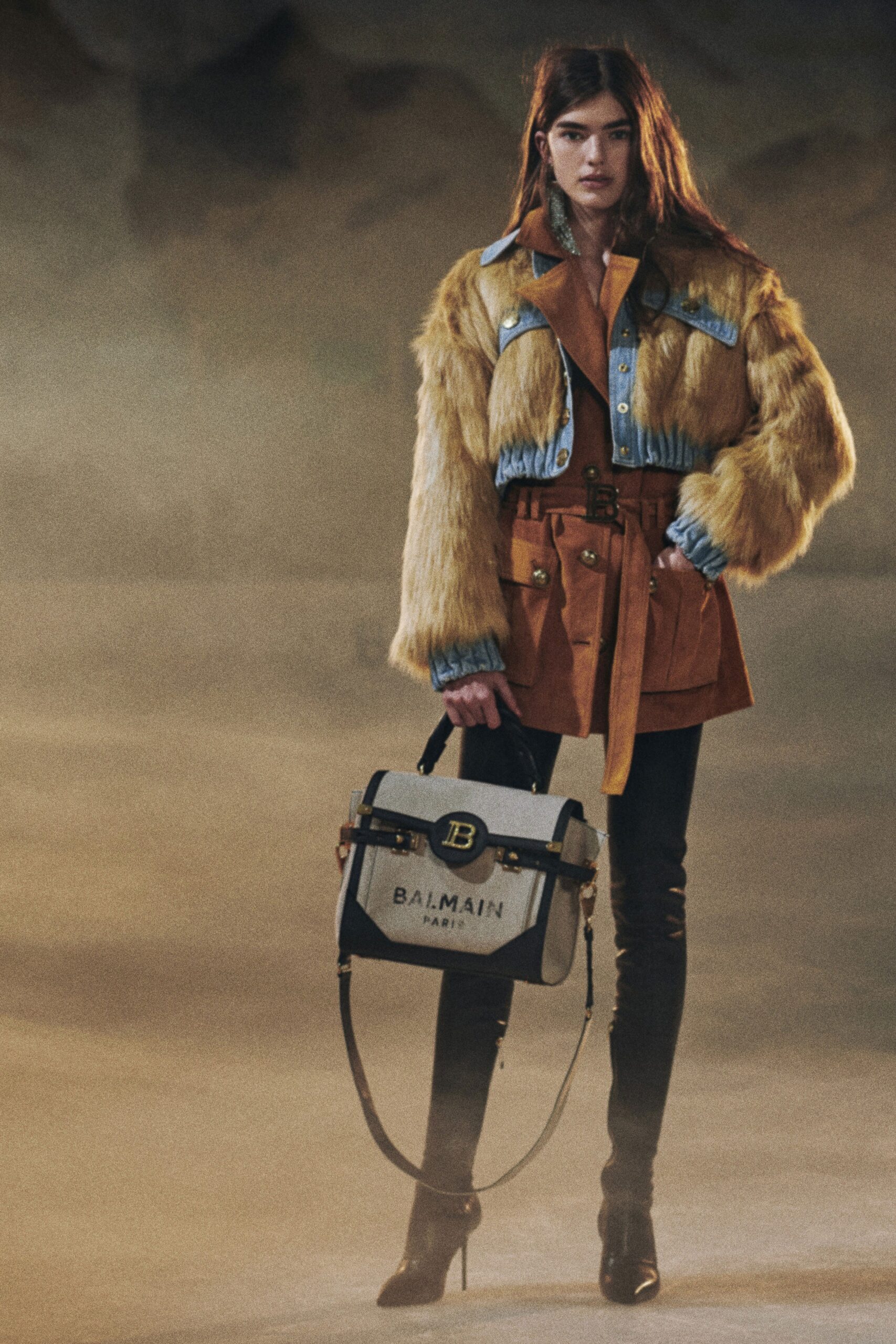 blue fur denim jacket with orange skirt