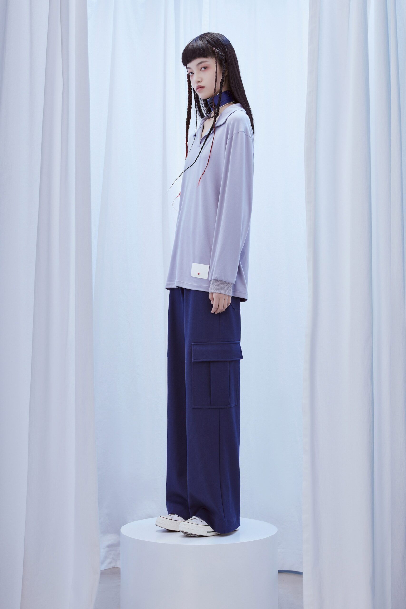 lavender cotton long-sleeve collared relaxed layered top