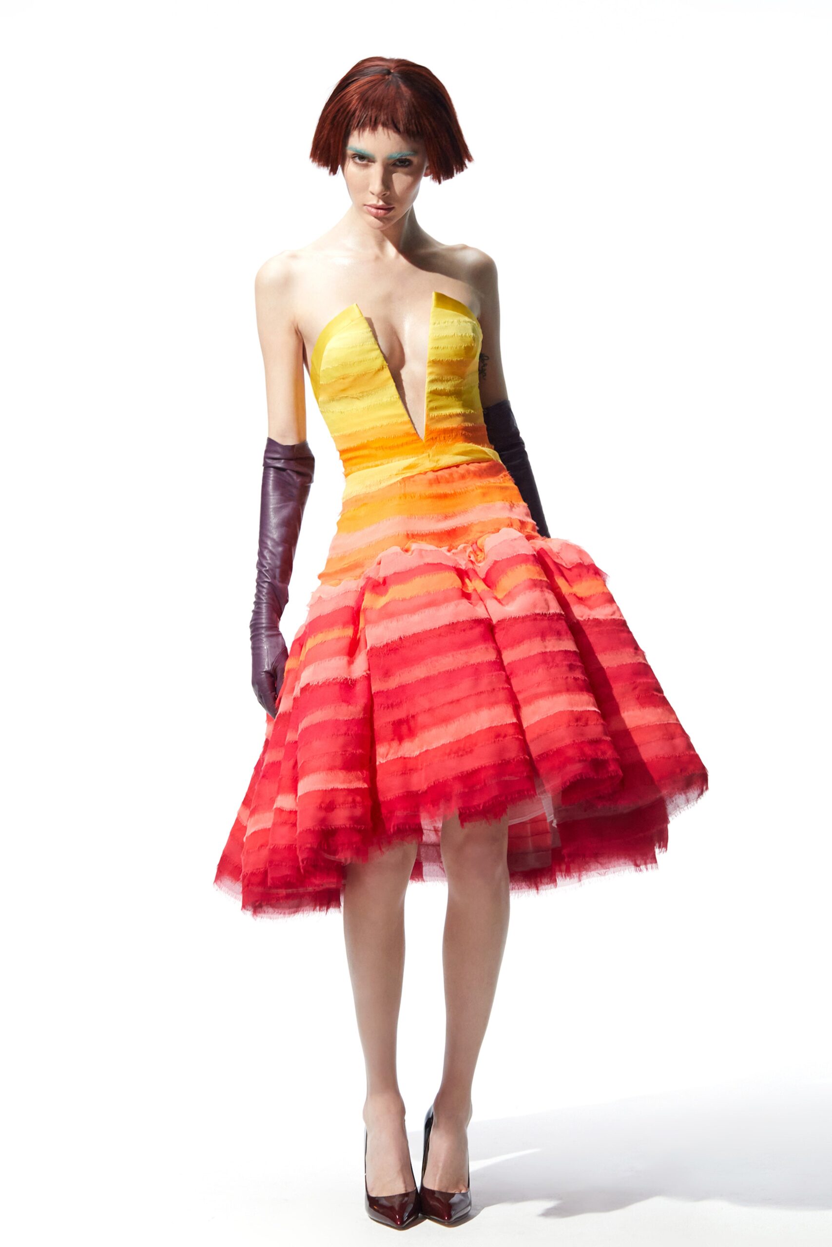 red tulle sleeveless v-neck fitted pleated layered dress
