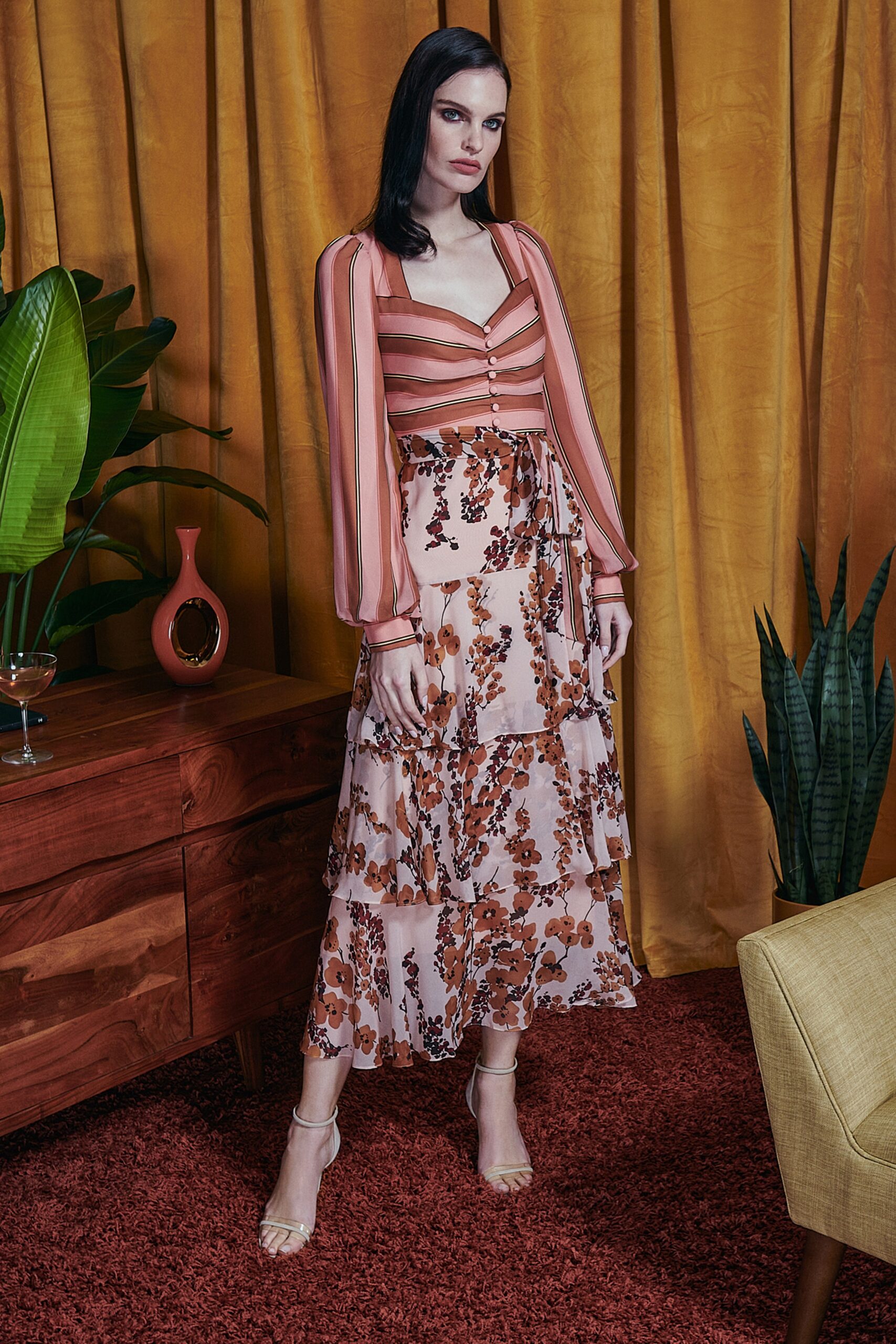 pink silk long-sleeve v-neck fitted striped buttoned top