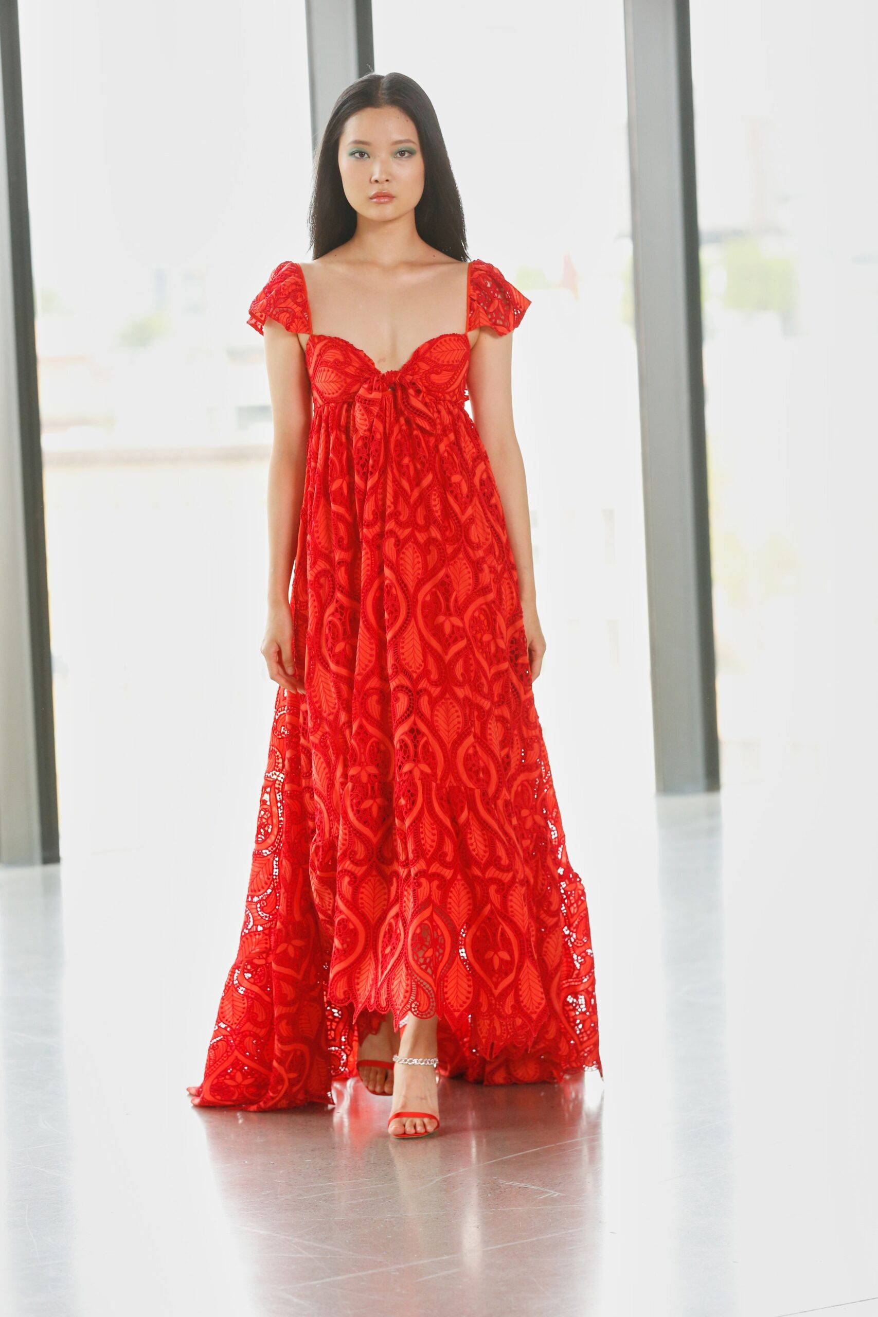 red lace sleeveless gown
