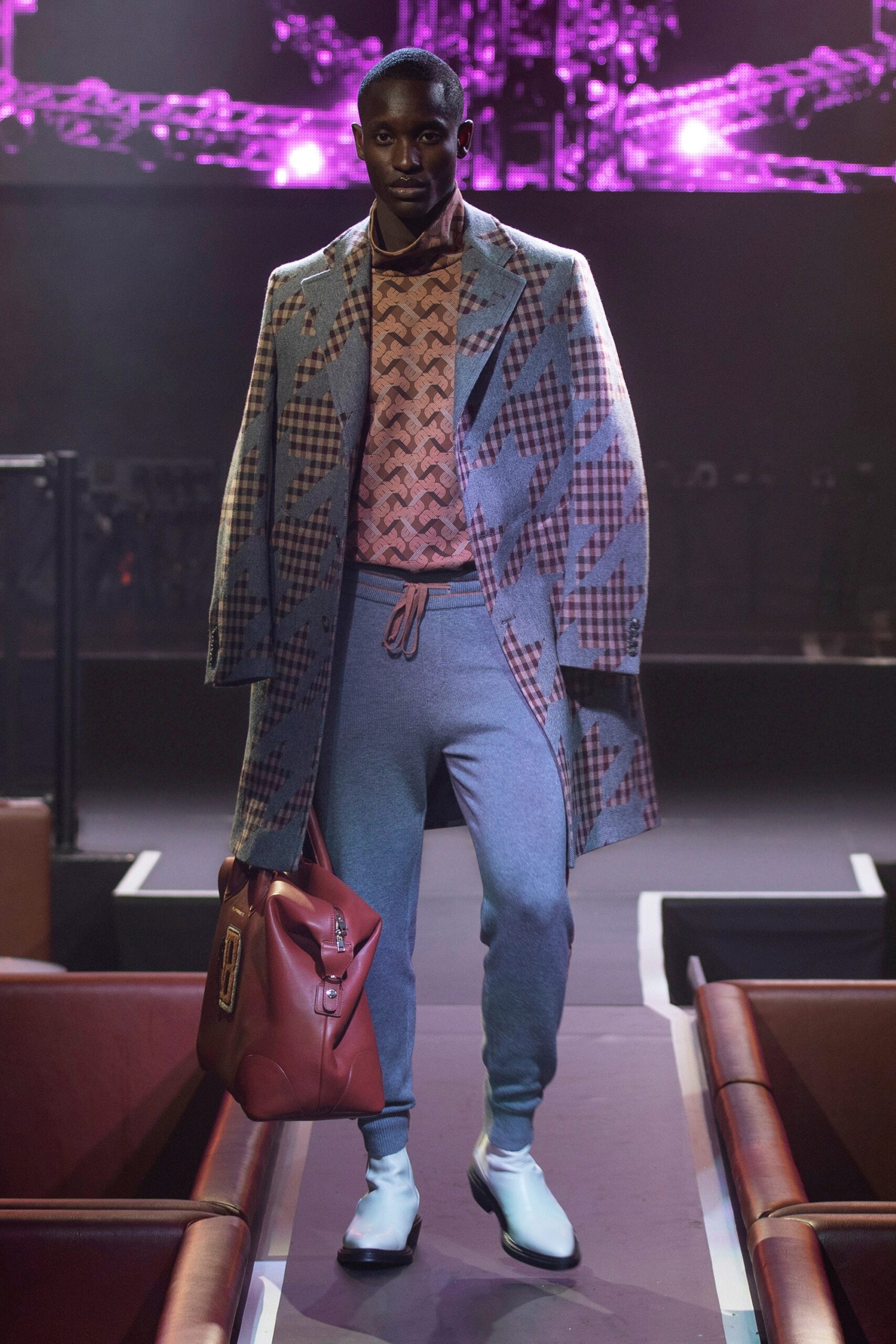 gray wool tailored coat with pink sweater