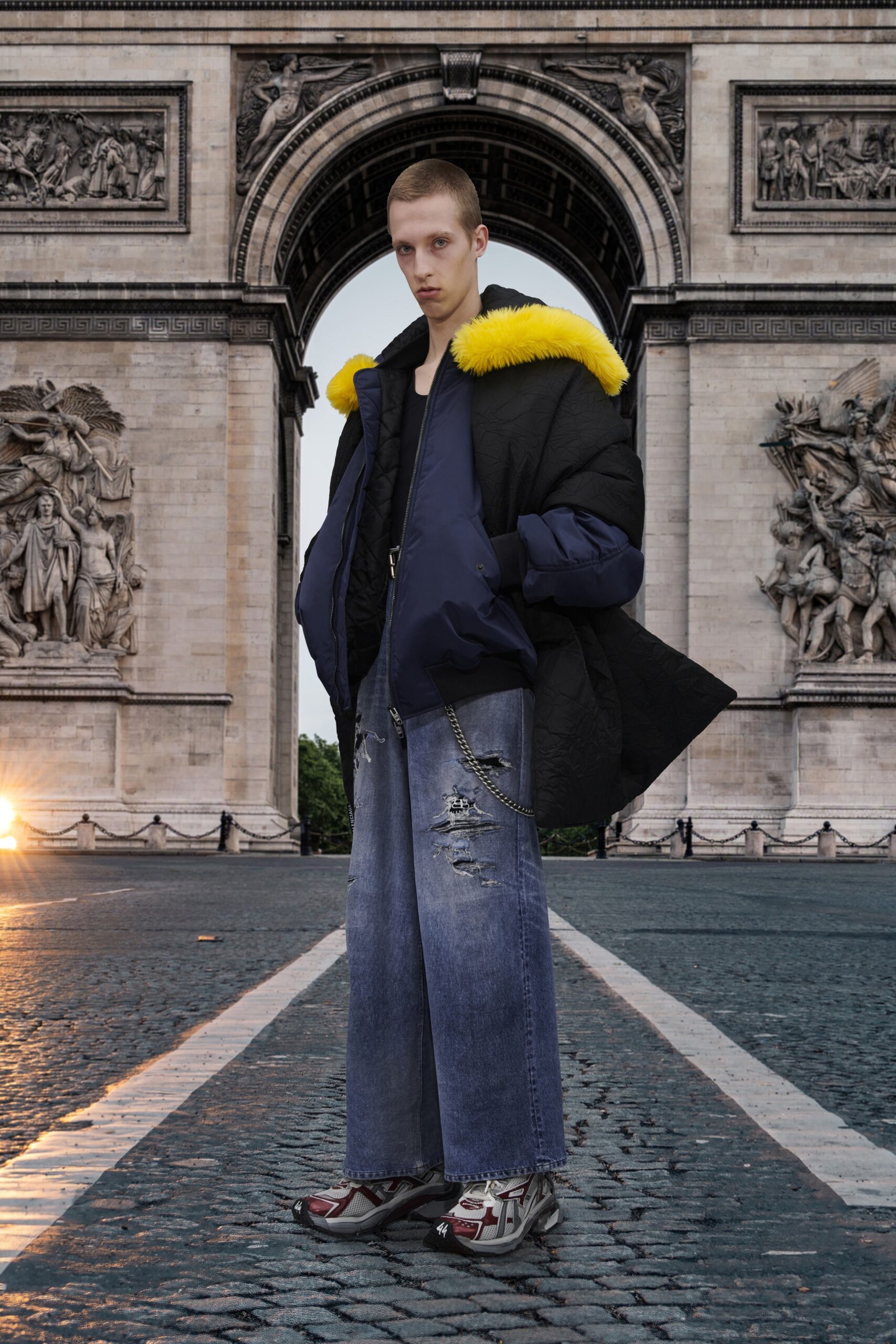 oversized black jacket with yellow fur