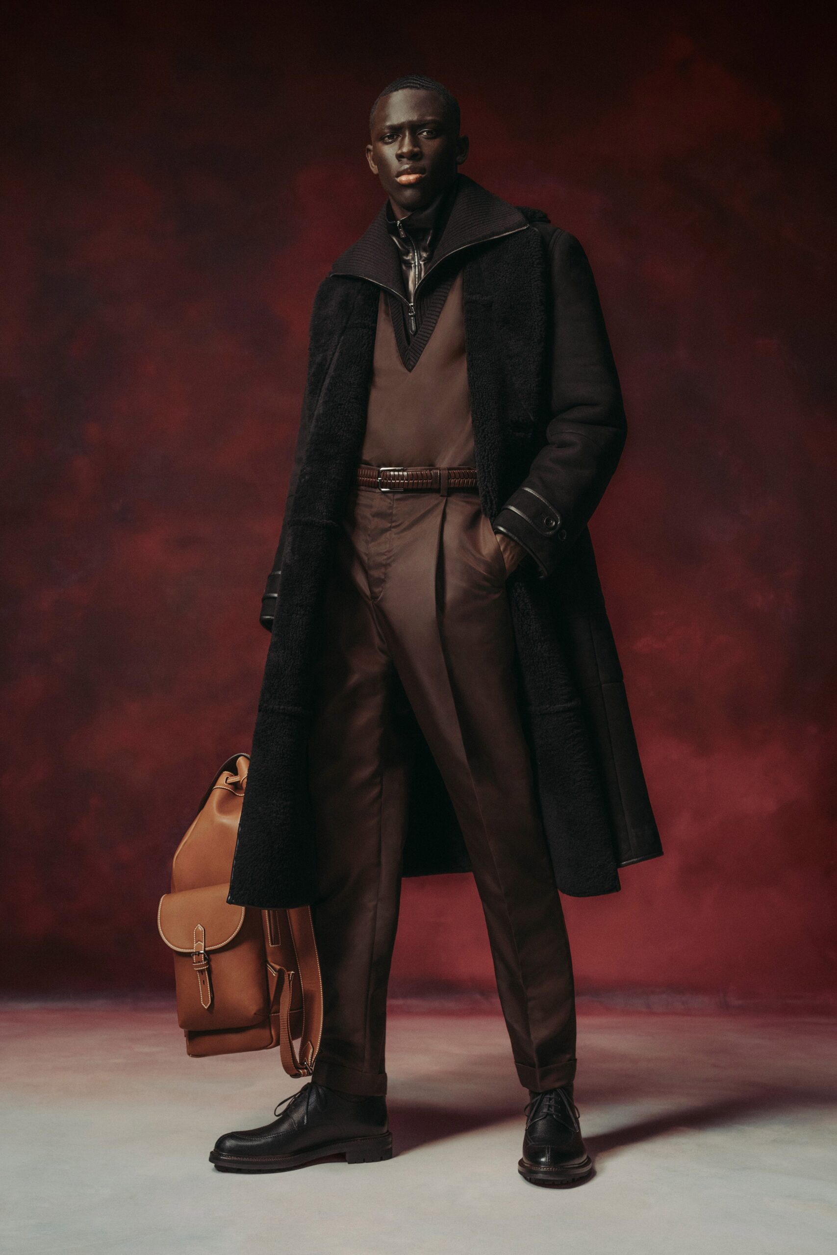 black wool coat with brown suit