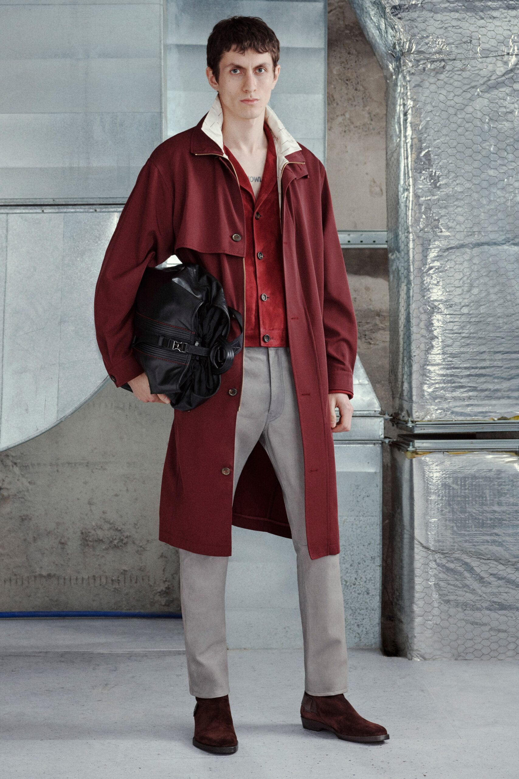 red cotton long-sleeve collared relaxed buttoned coat