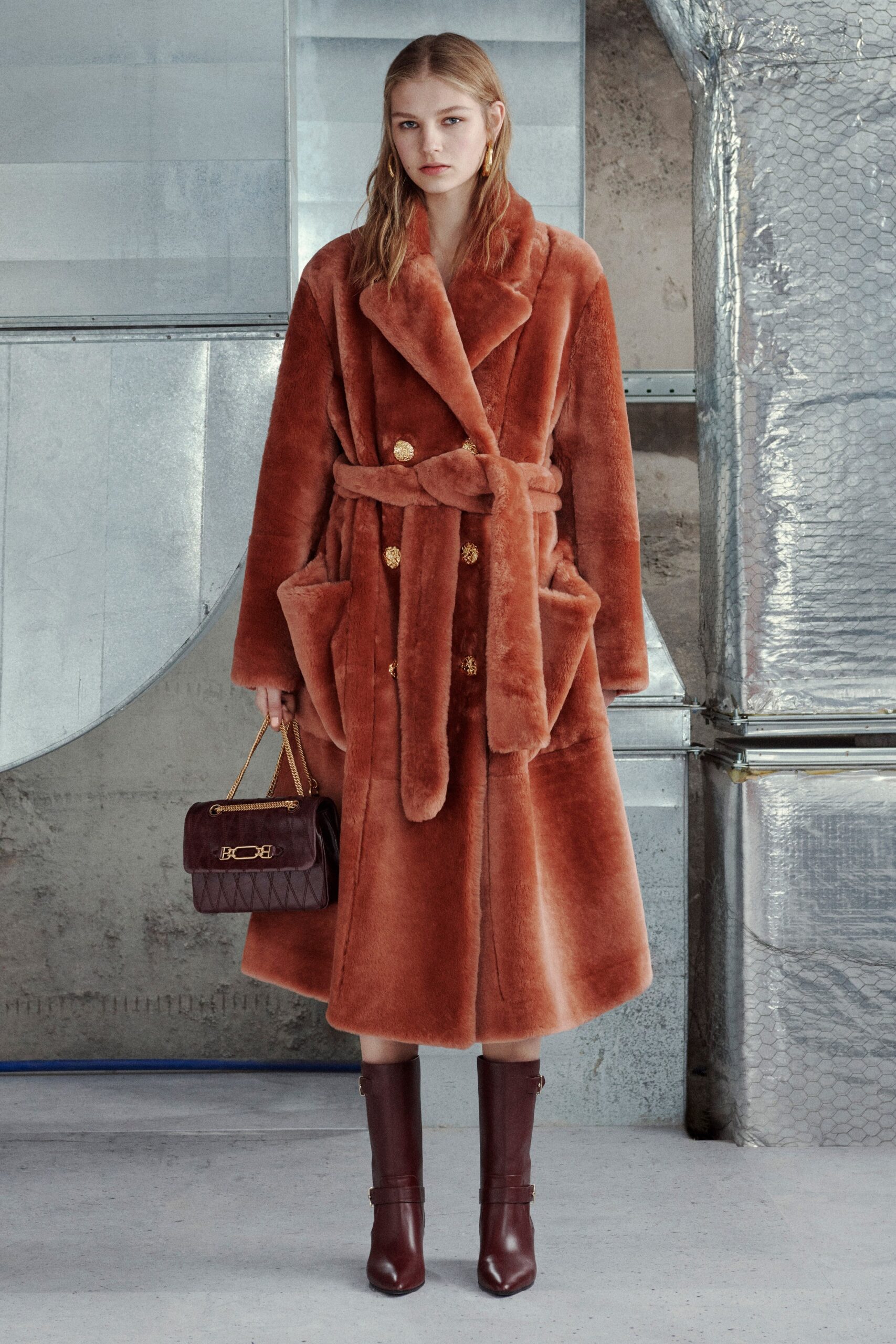 brown faux-fur long-sleeve collared relaxed belted buttoned coat