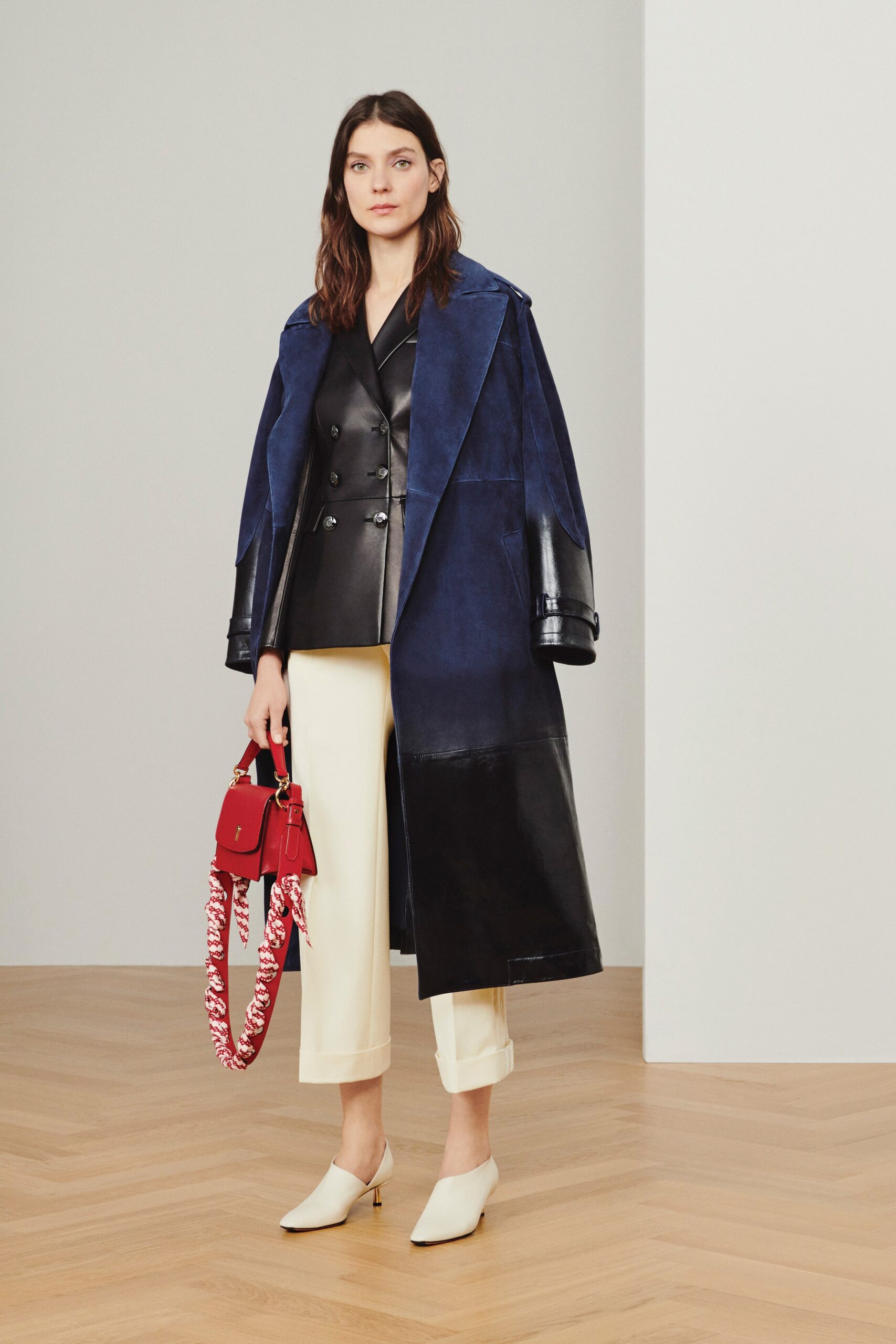 blue leather coat with black blazer
