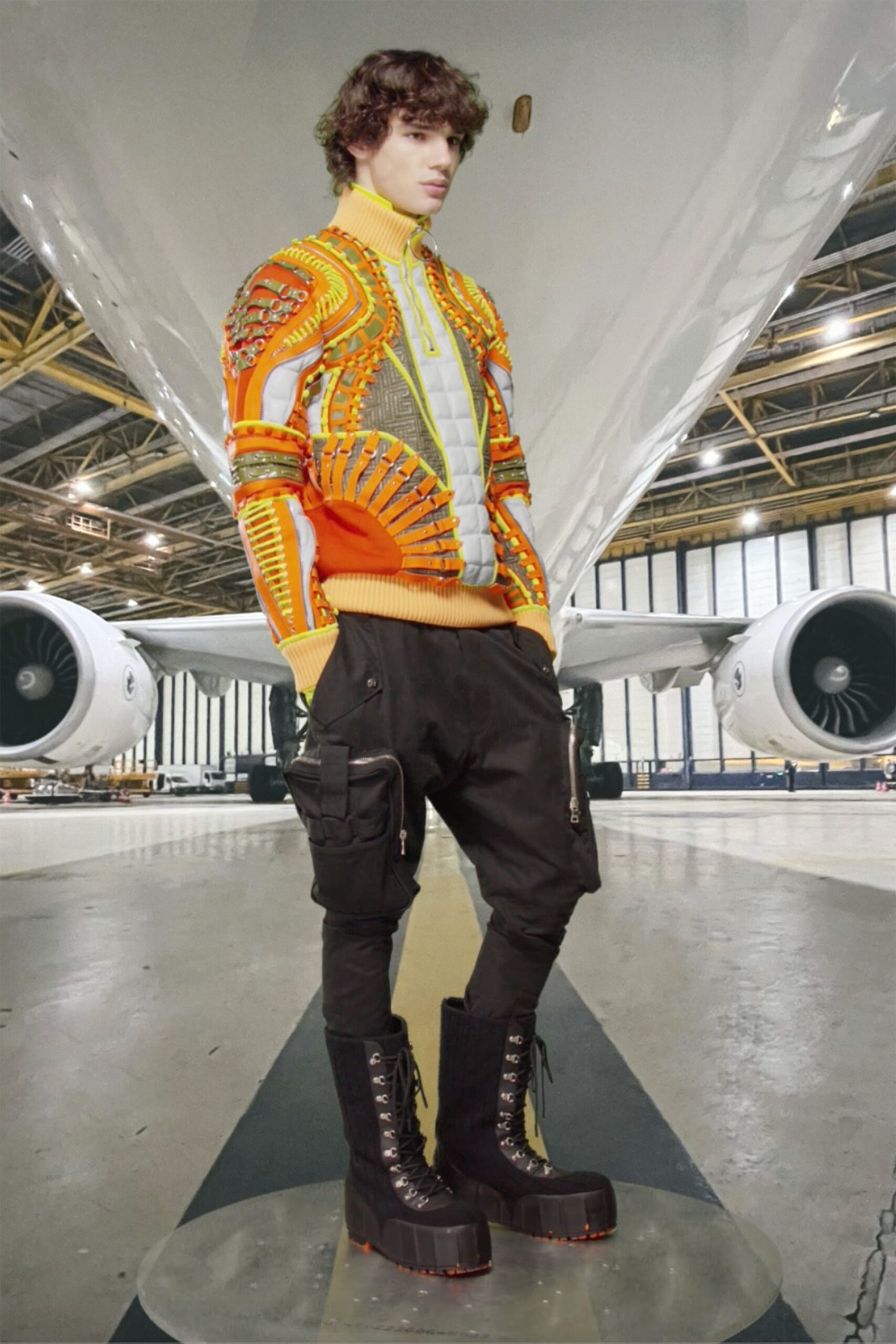 fitted orange sweater with cargo pants