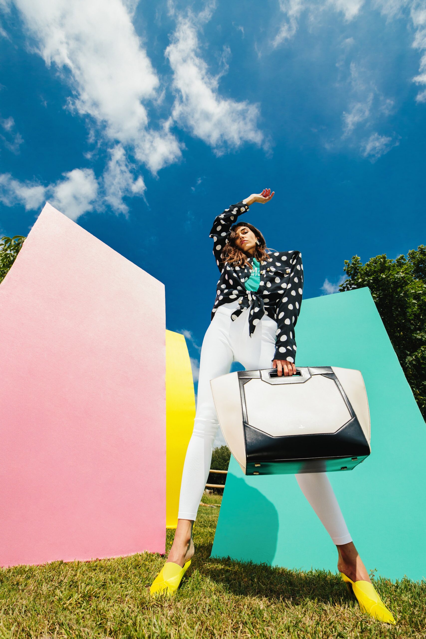 polka-dot blazer with green top