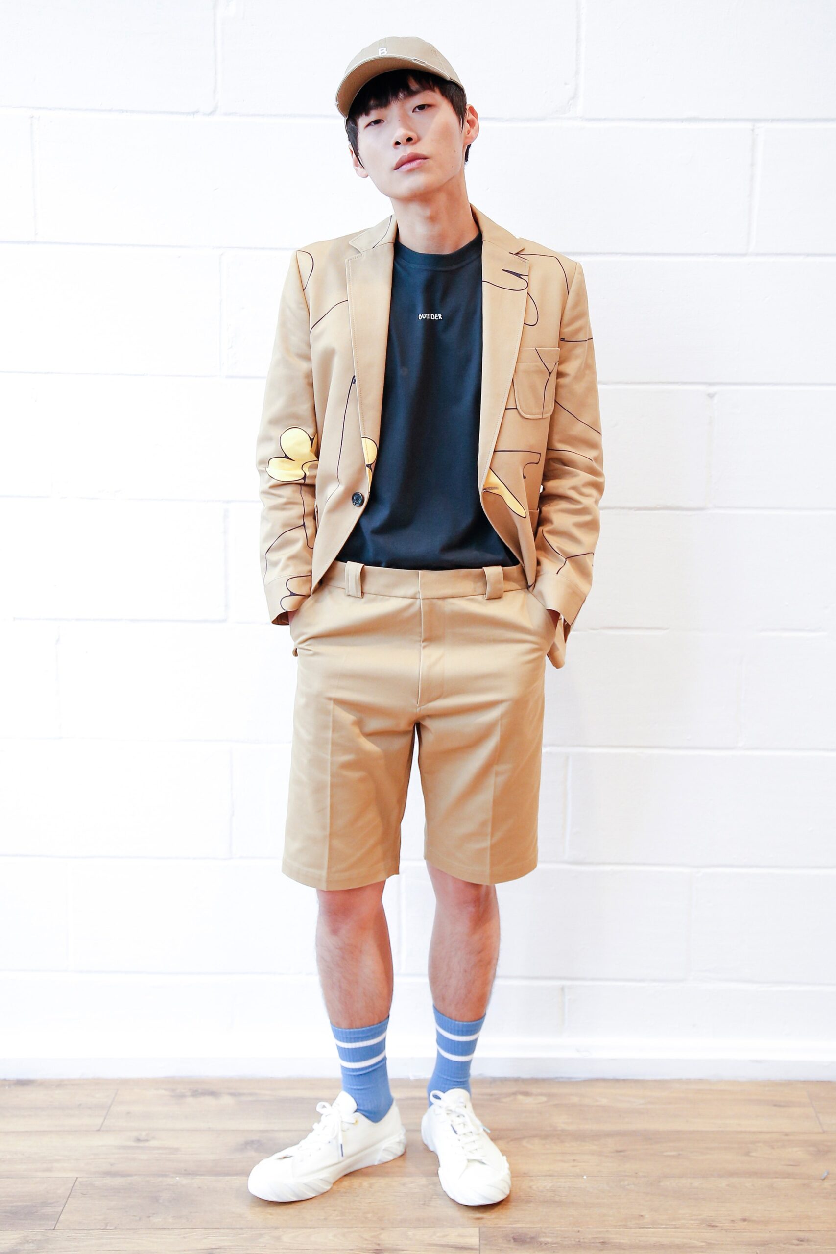 beige tailored blazer and shorts
