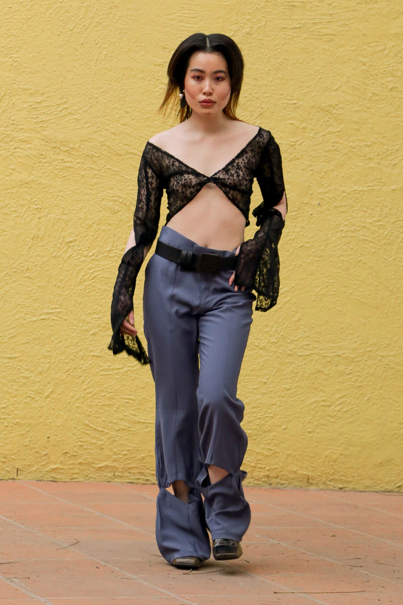 blue silk fitted flared shiny pants