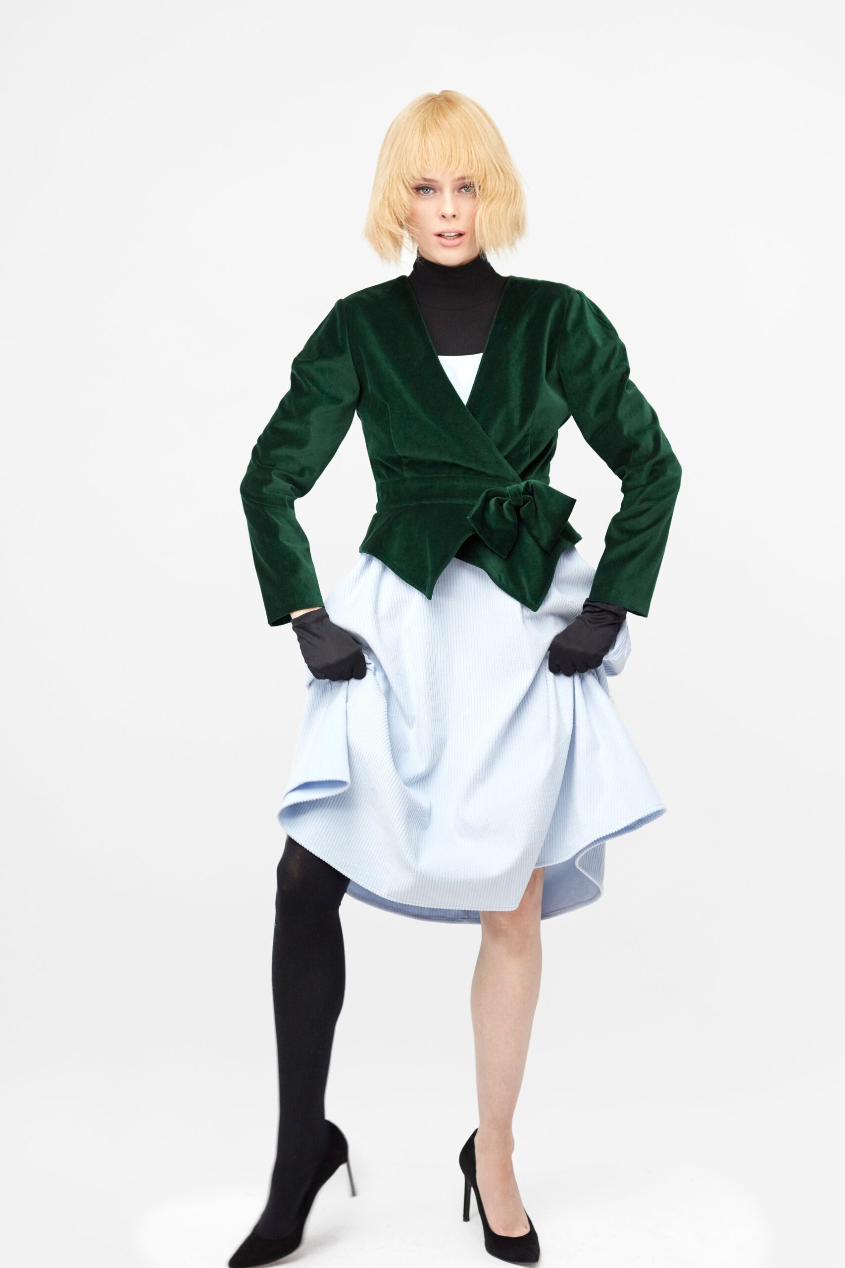 green velvet blazer with blue dress