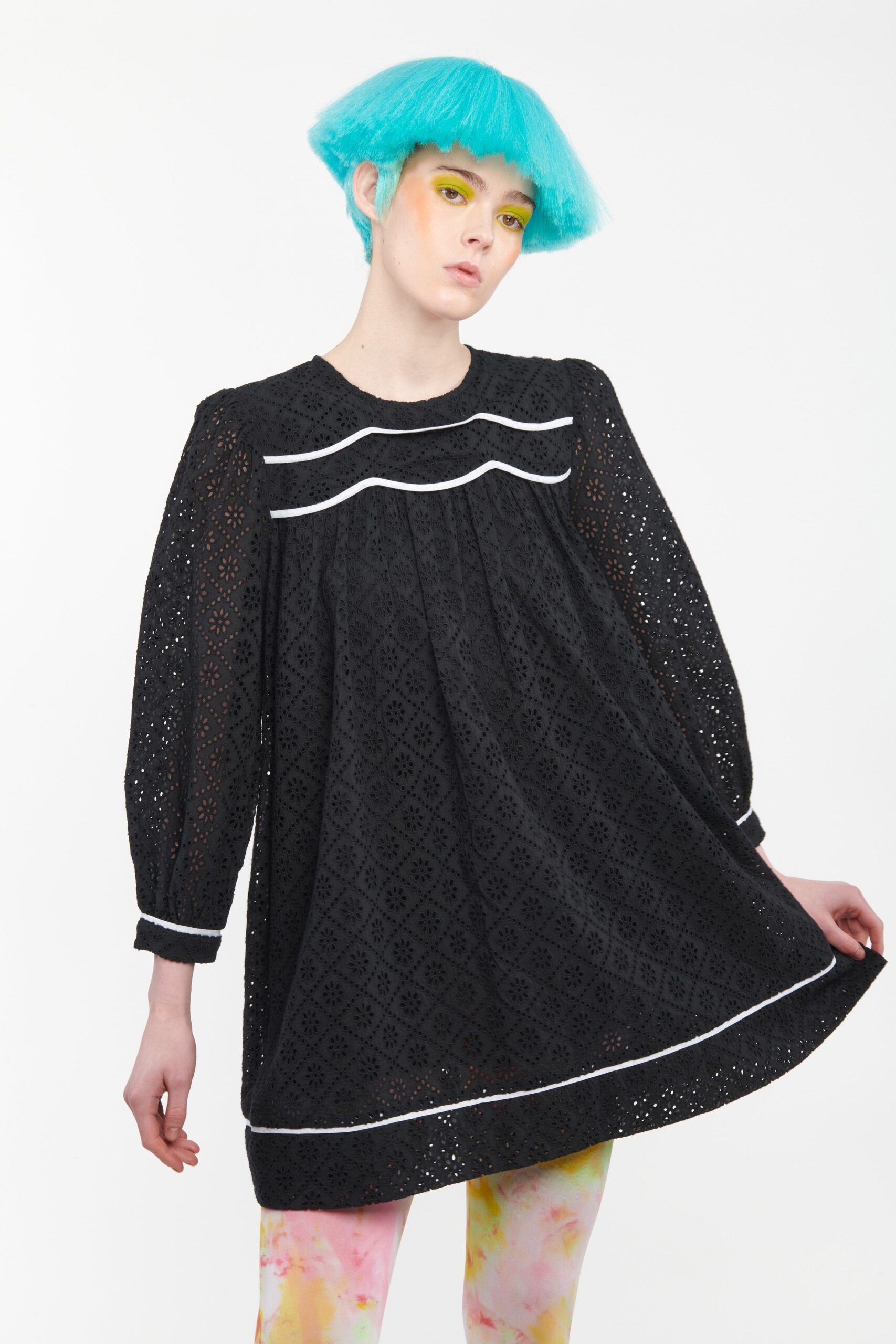 black relaxed dress with colorful leggings