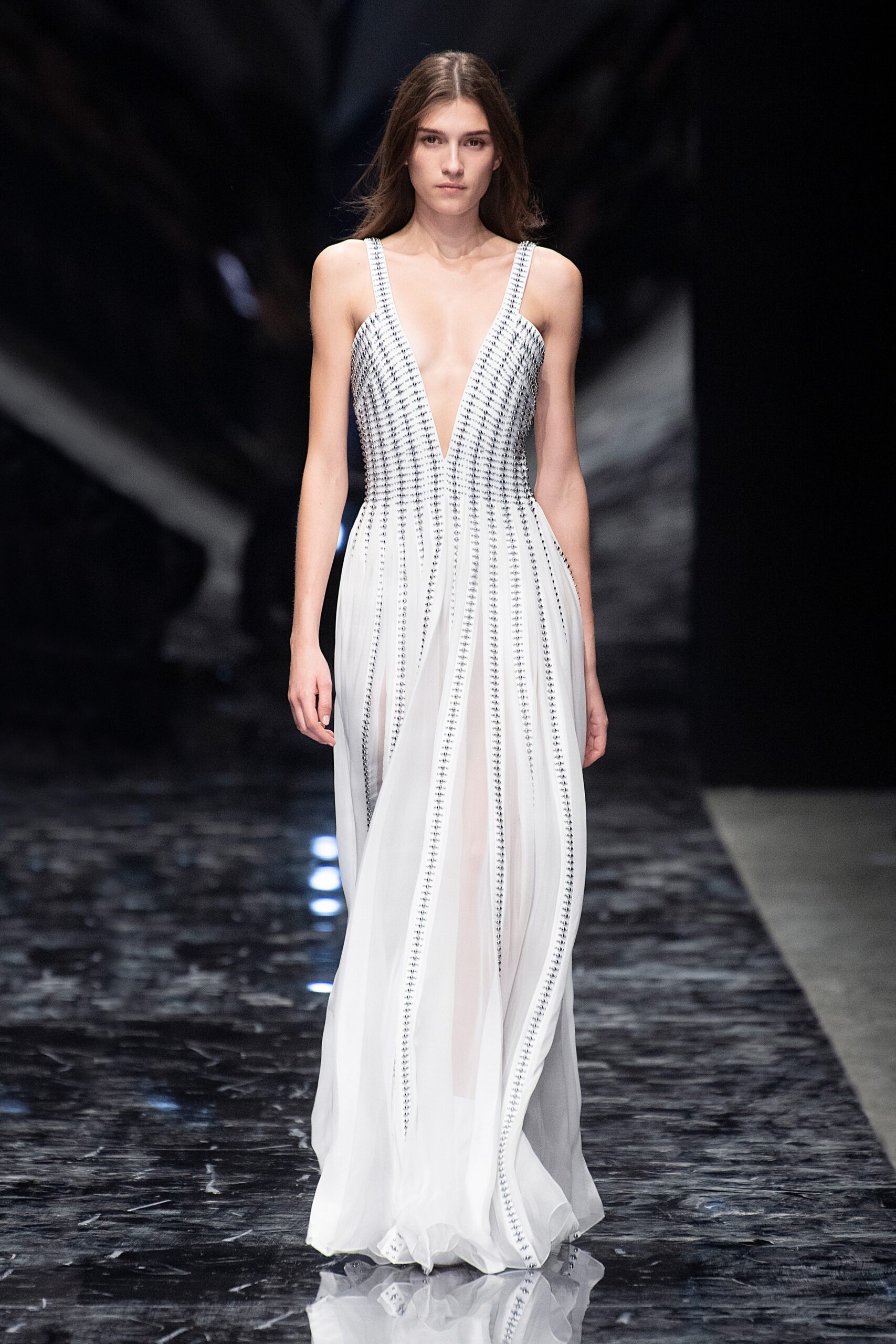 white silk sleeveless gown