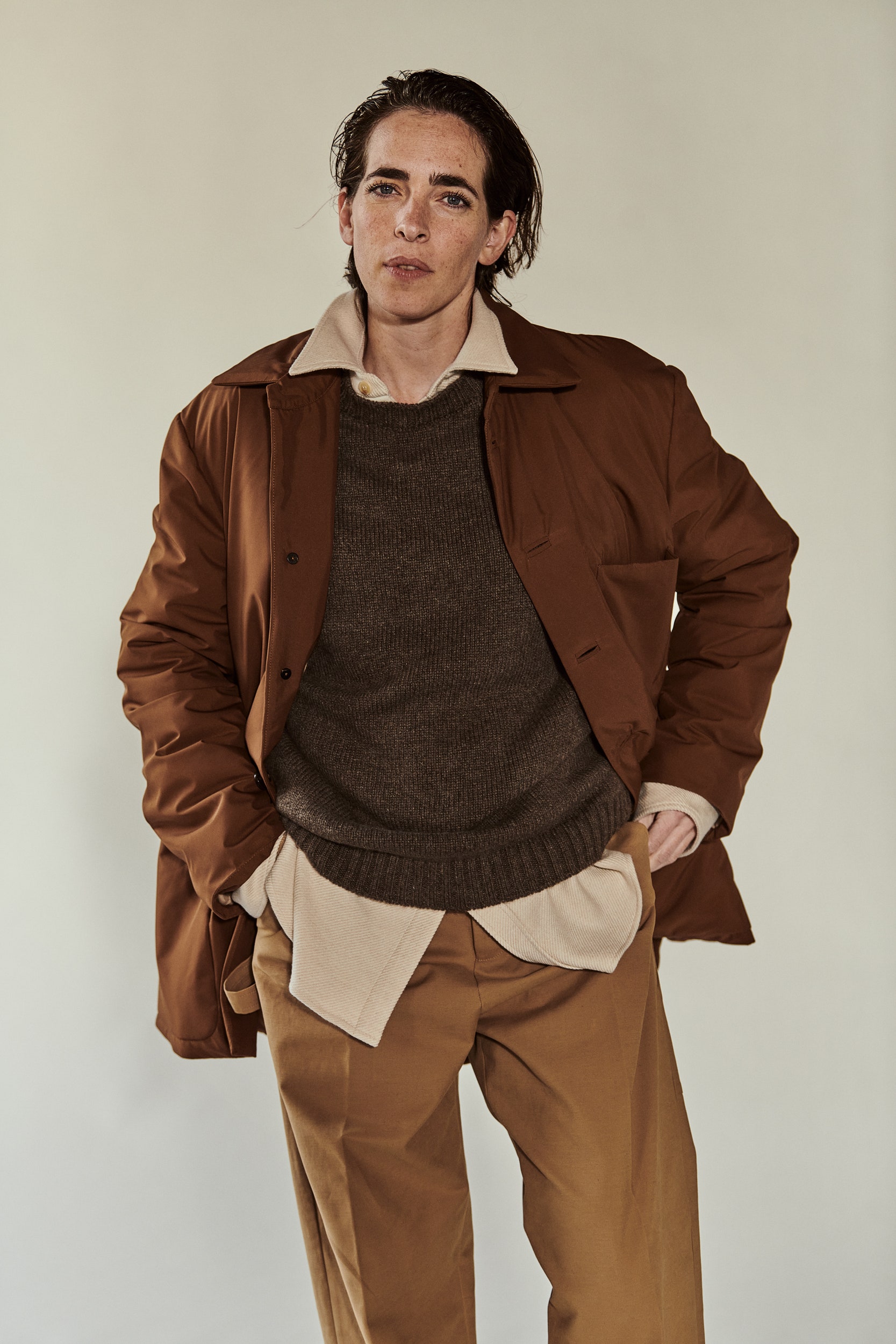 brown relaxed jacket with gray sweater
