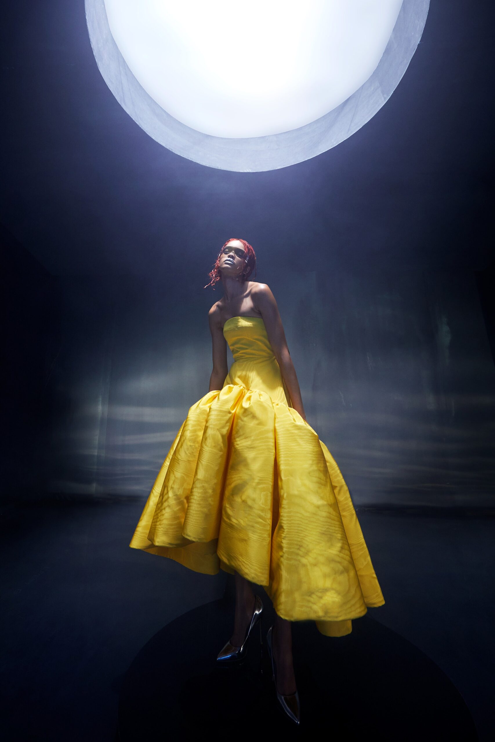 yellow silk strapless dress