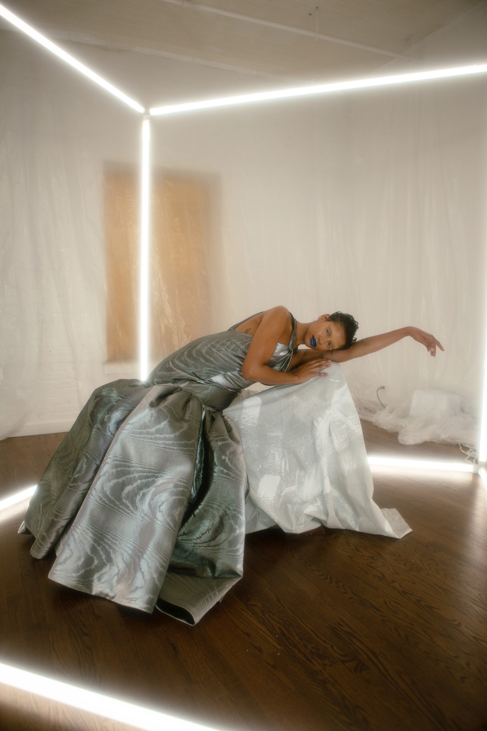 white silk sleeveless v-neck fitted layered shiny gown