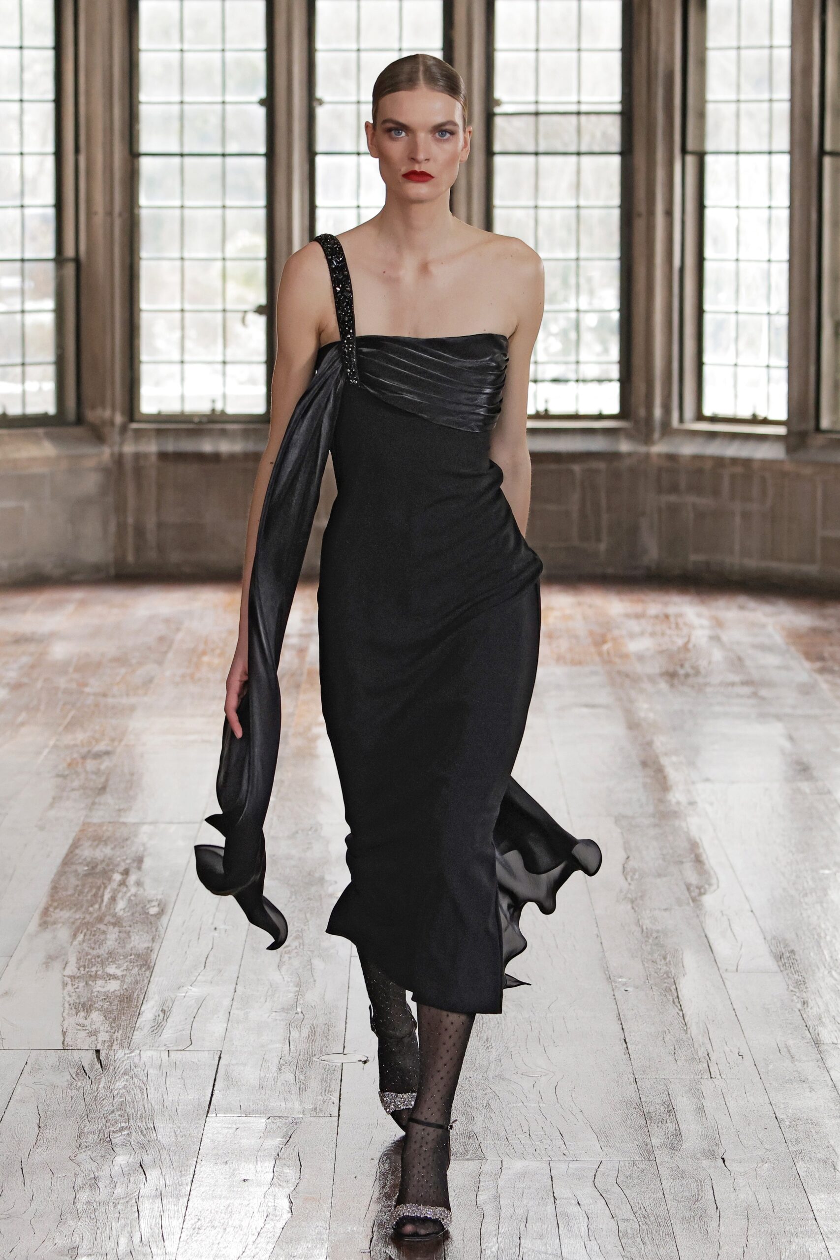 black silk off-shoulder gown
