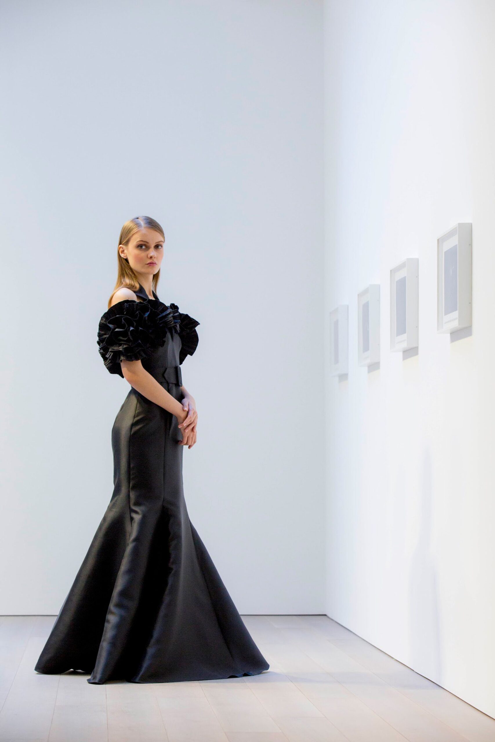 black silk off-shoulder gown