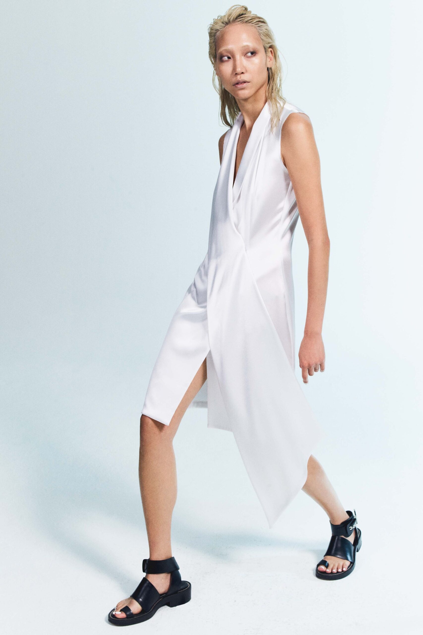 white silk fitted dress with slit