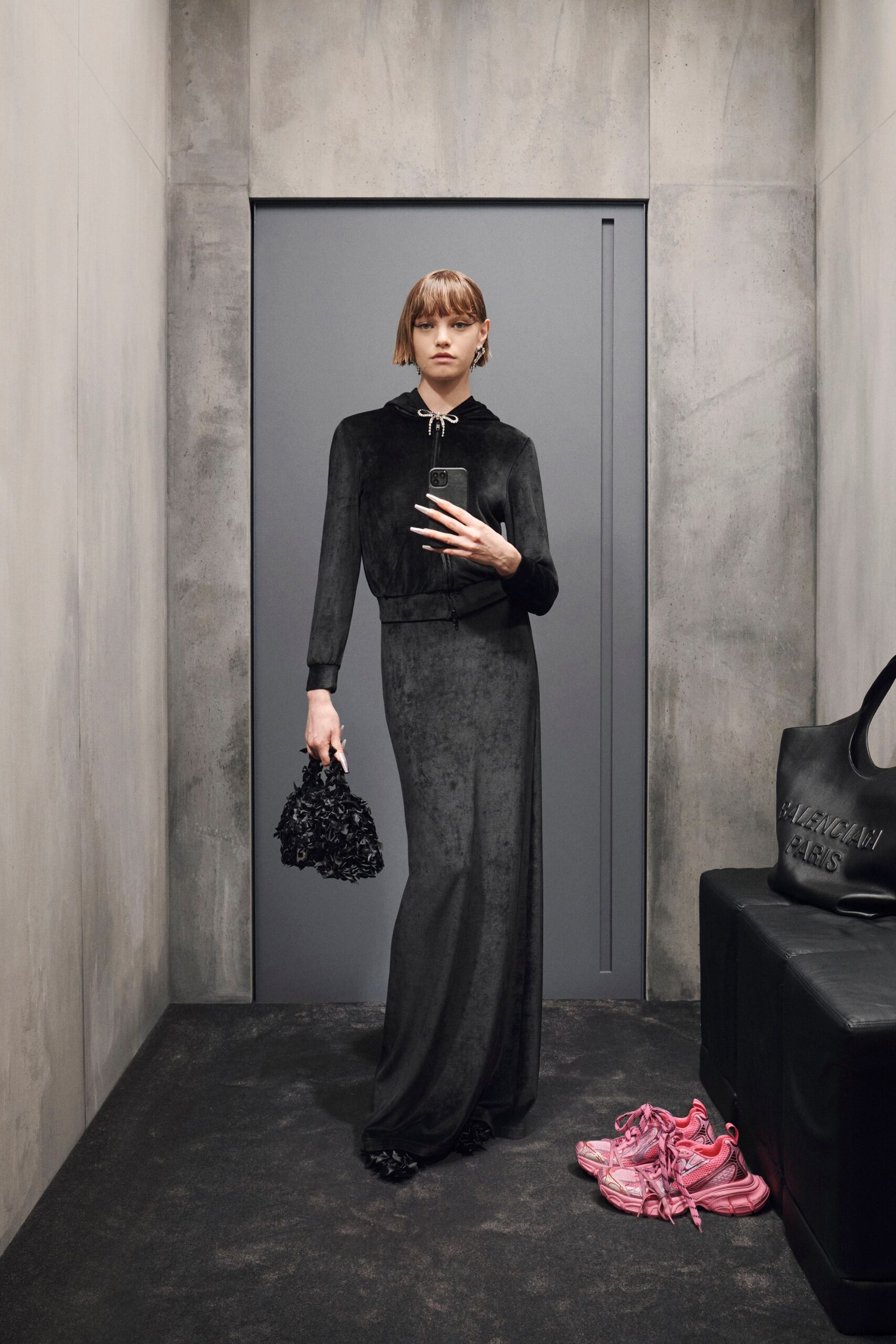 black velvet long-sleeve high-neck fitted straight-leg maxi dress