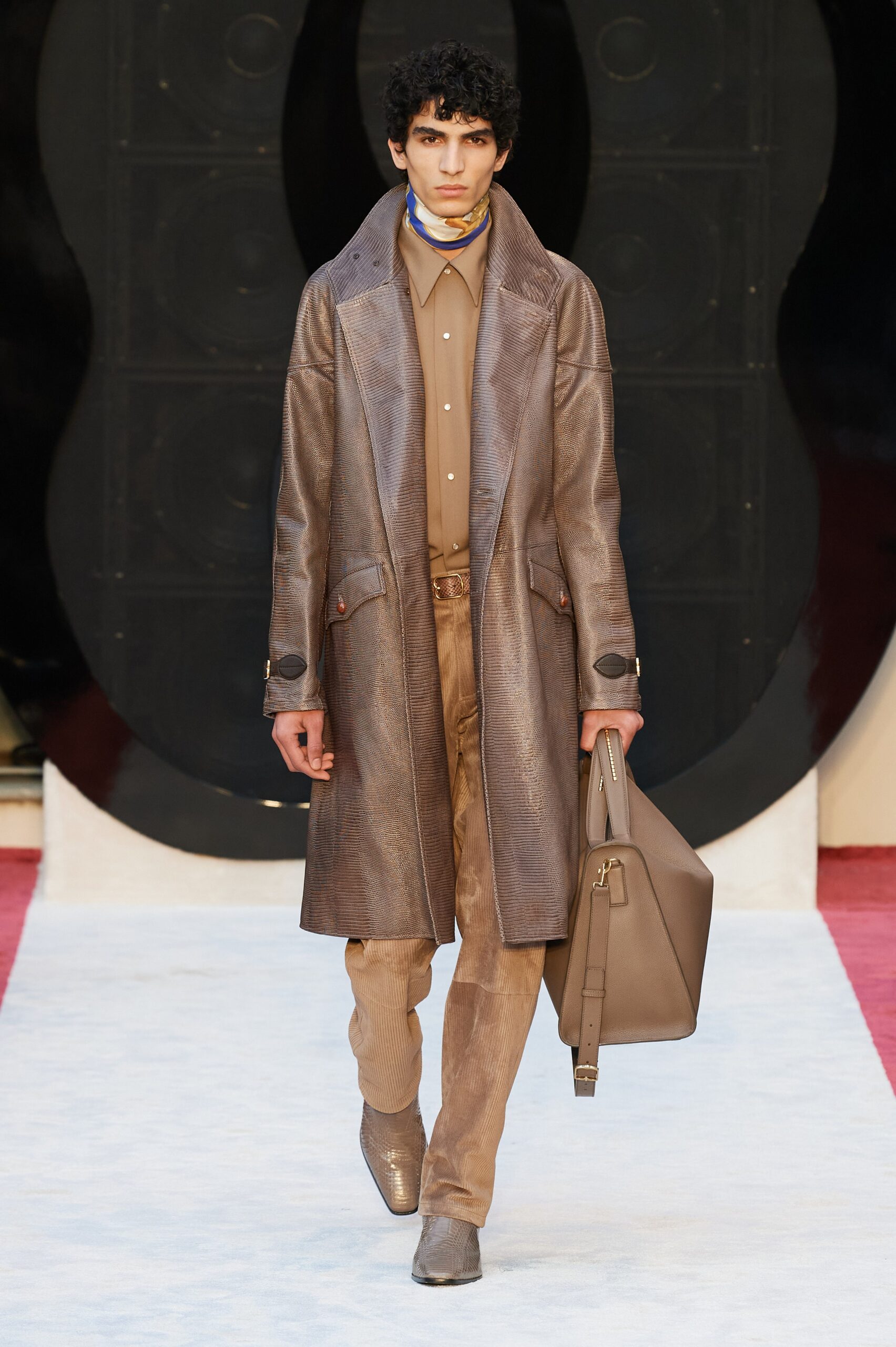 brown leather coat with beige shirt