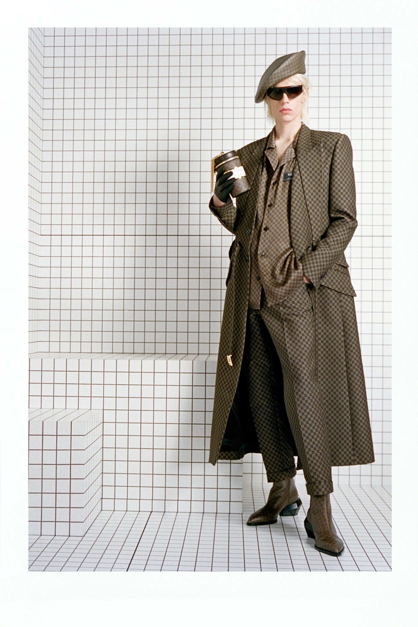 brown wool long-sleeve collared tailored checked suit