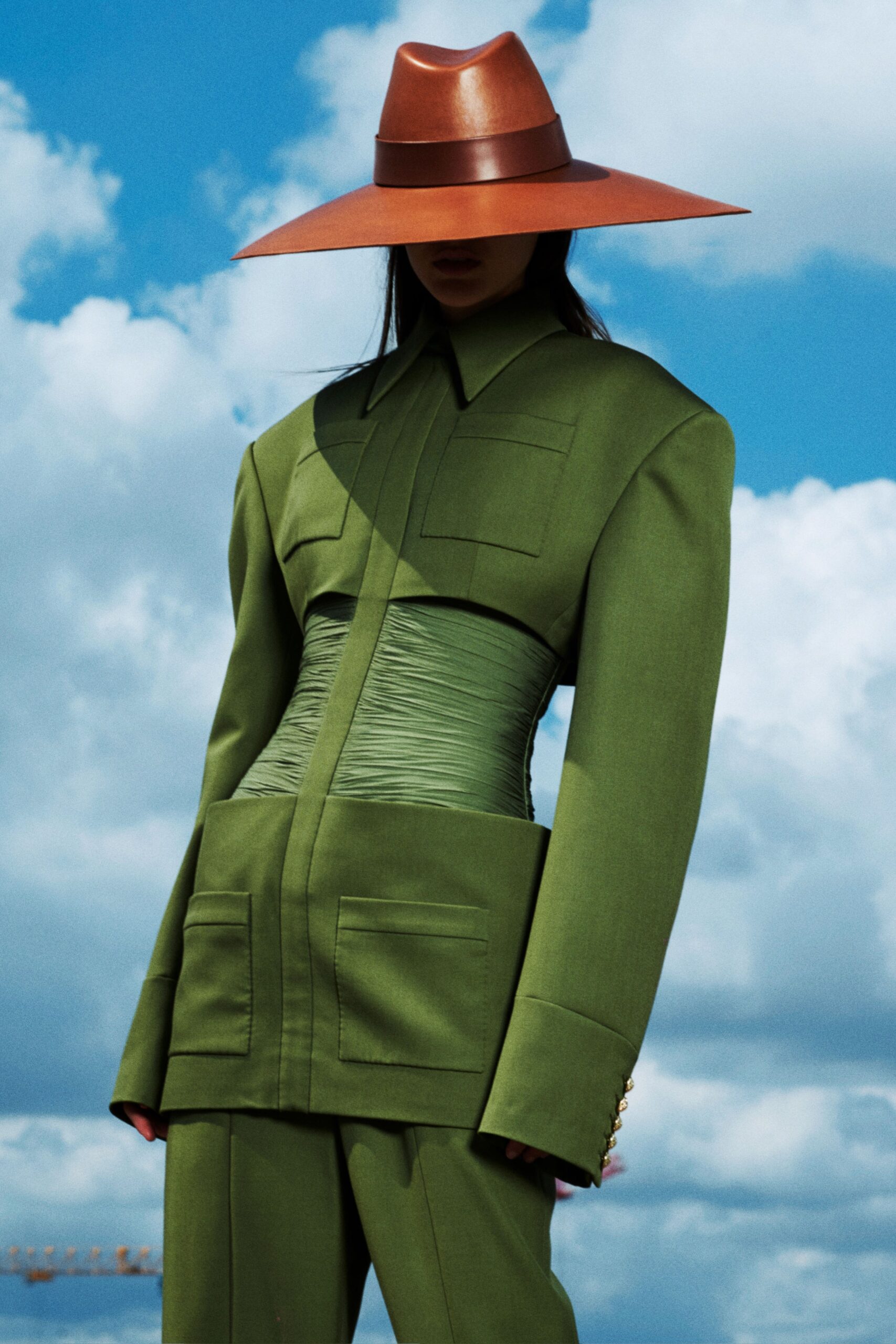 green structured jacket with pants