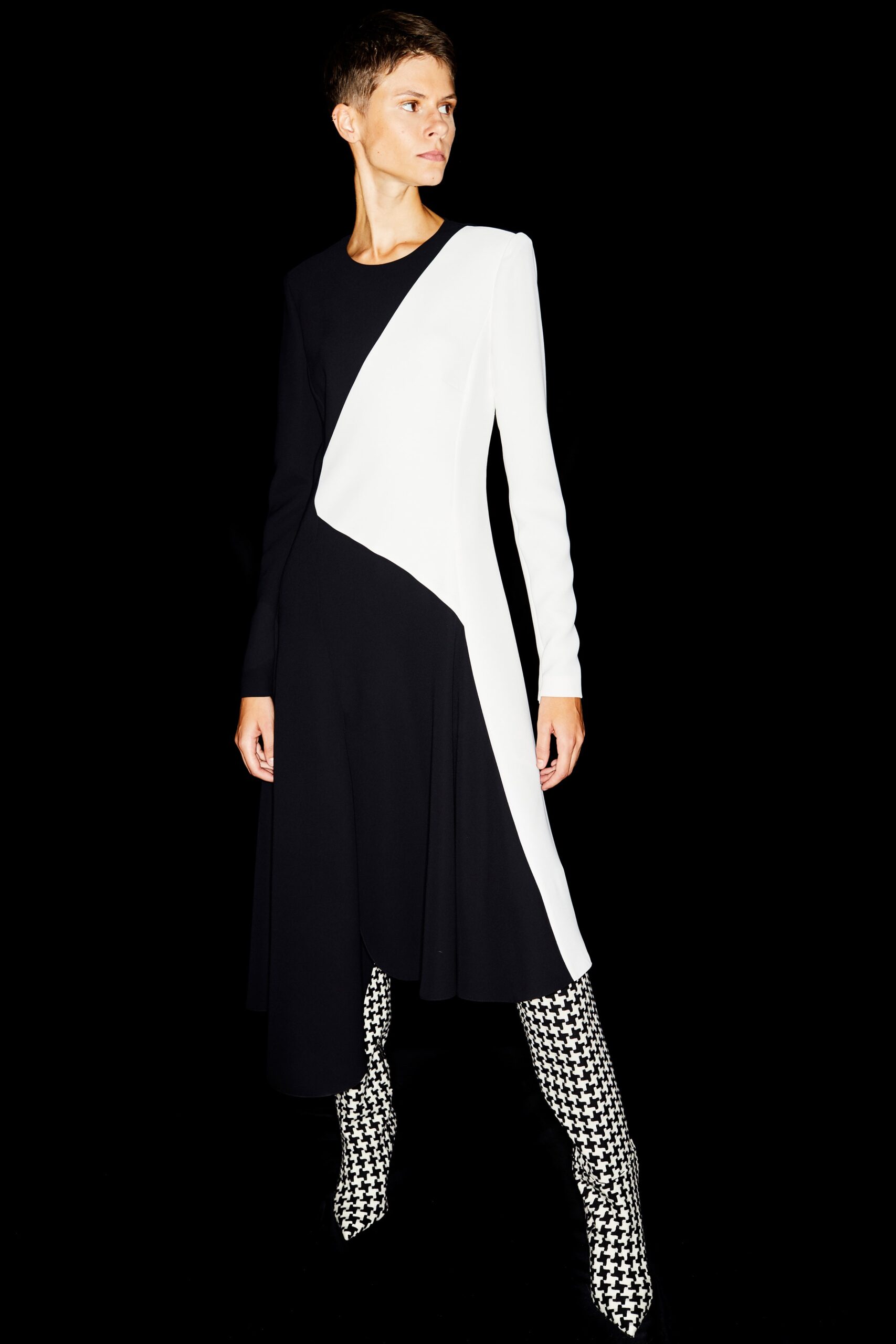 black and white color-blocked midi dress