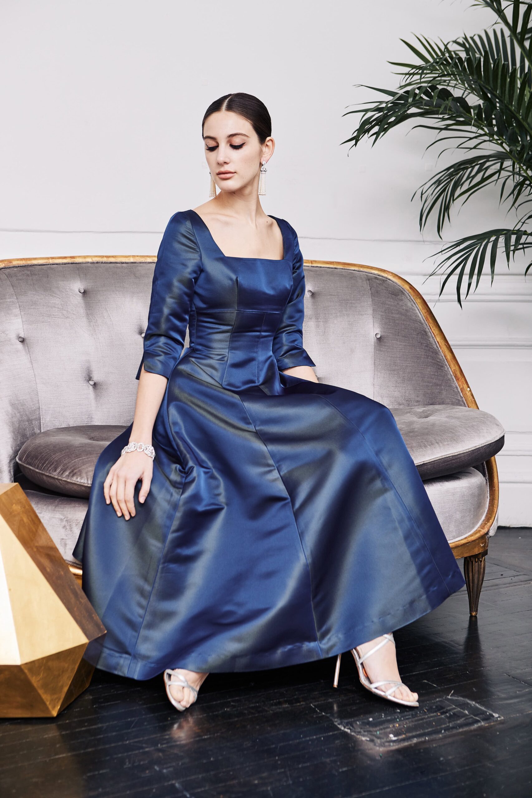 blue satin long-sleeve gown