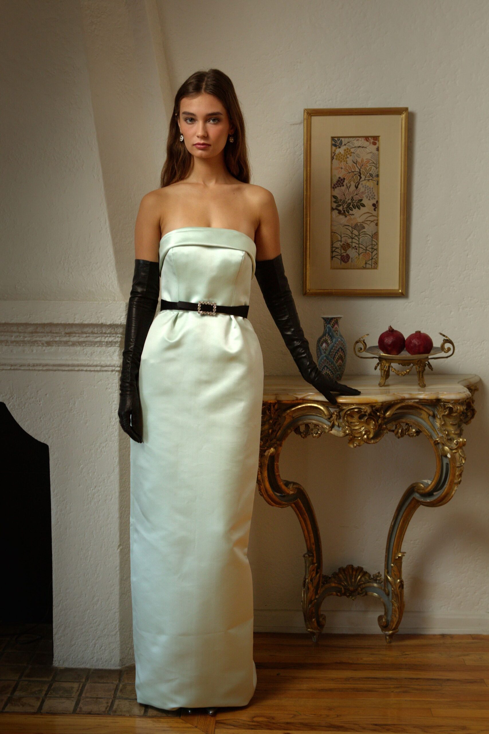 blue silk strapless gown