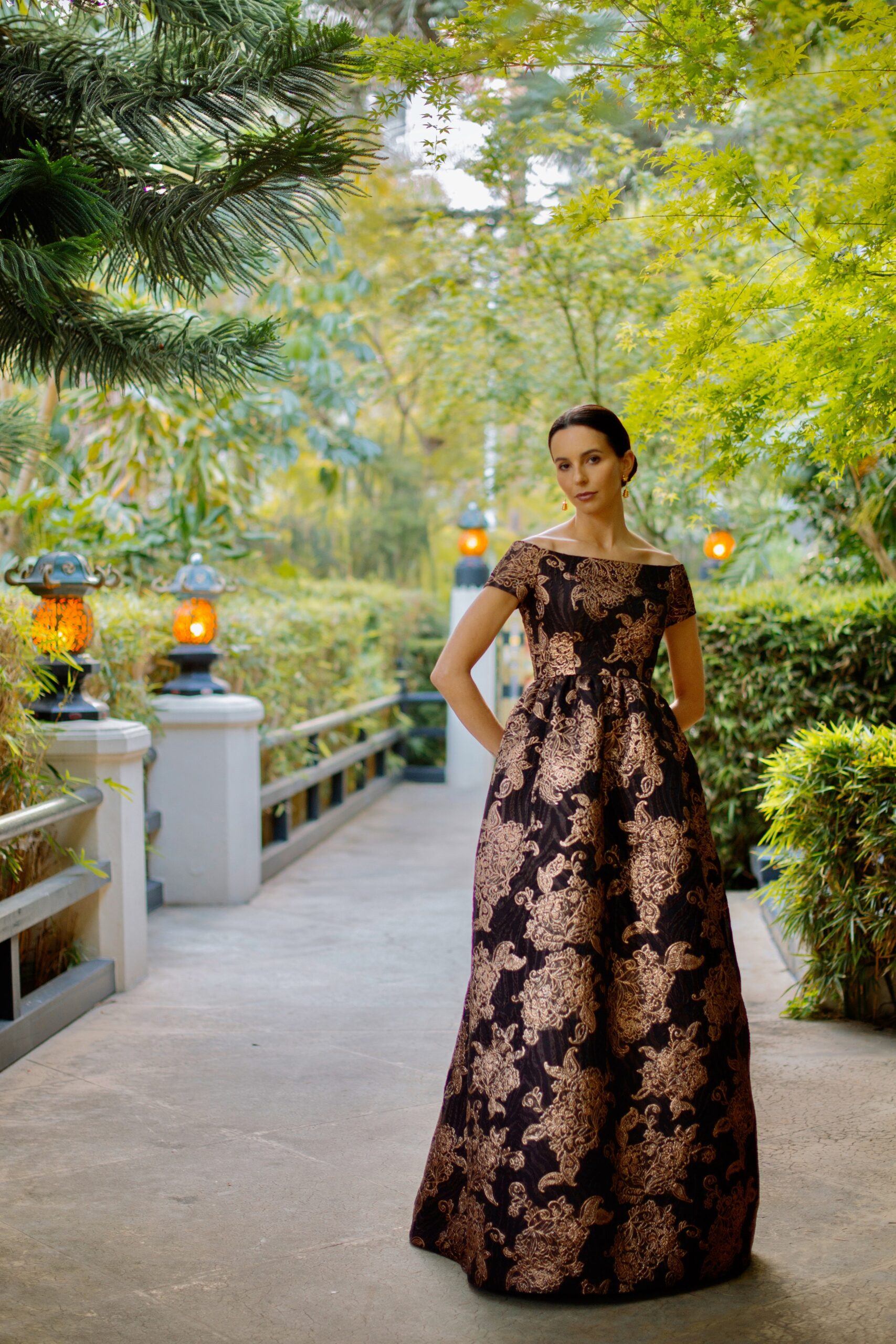 black and gold embroidered gown