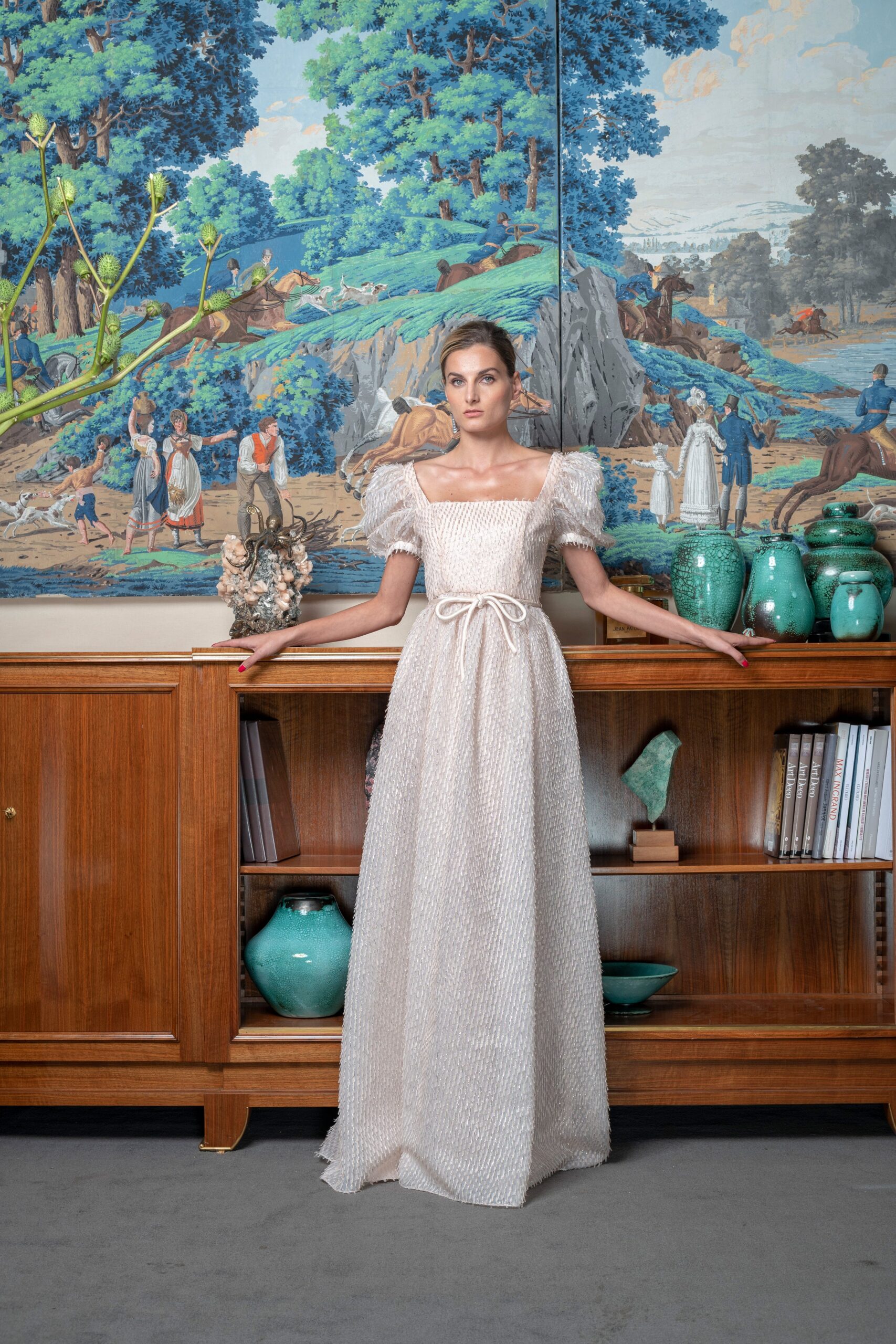 white silk fitted gown