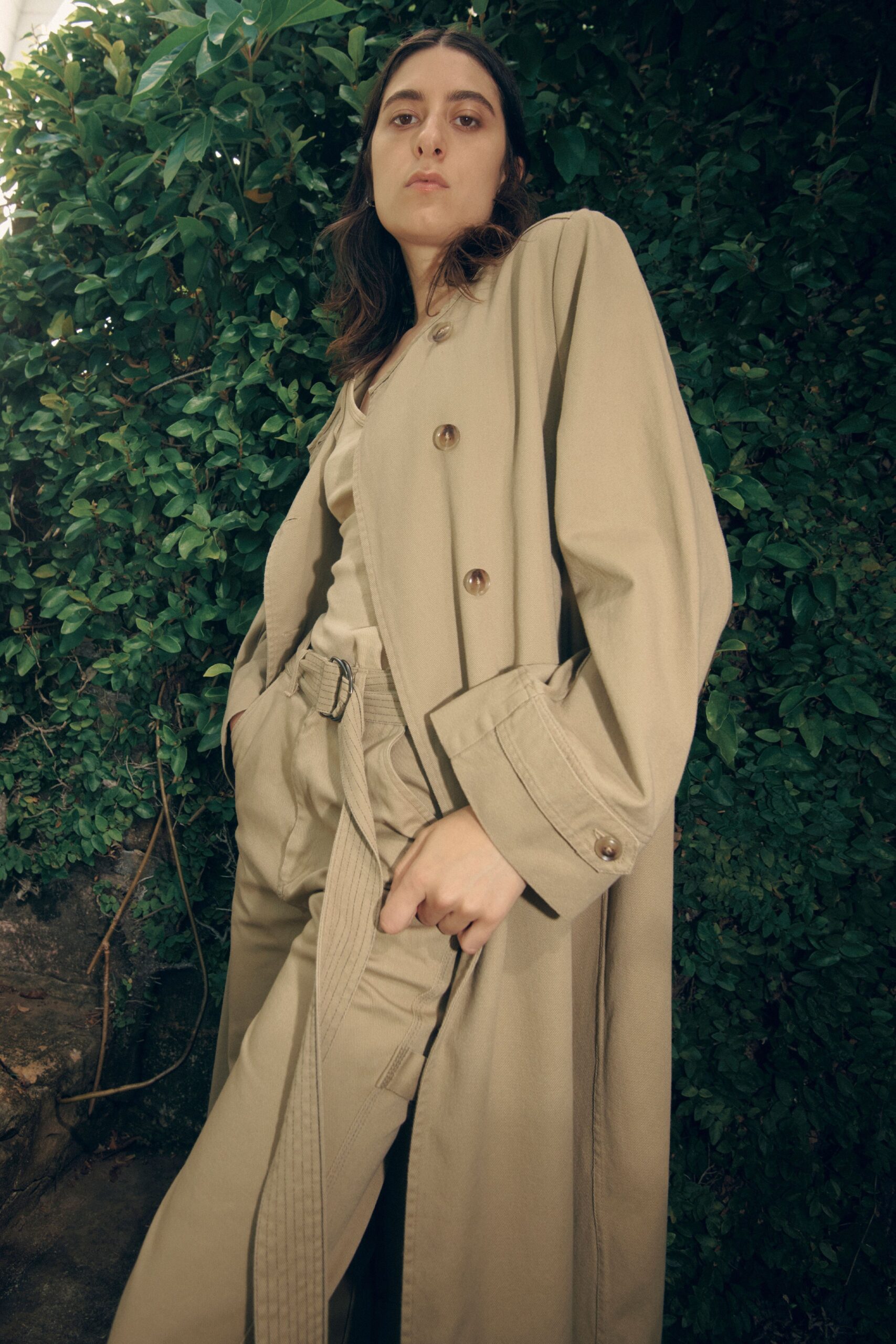 beige cotton relaxed coat and tailored pants