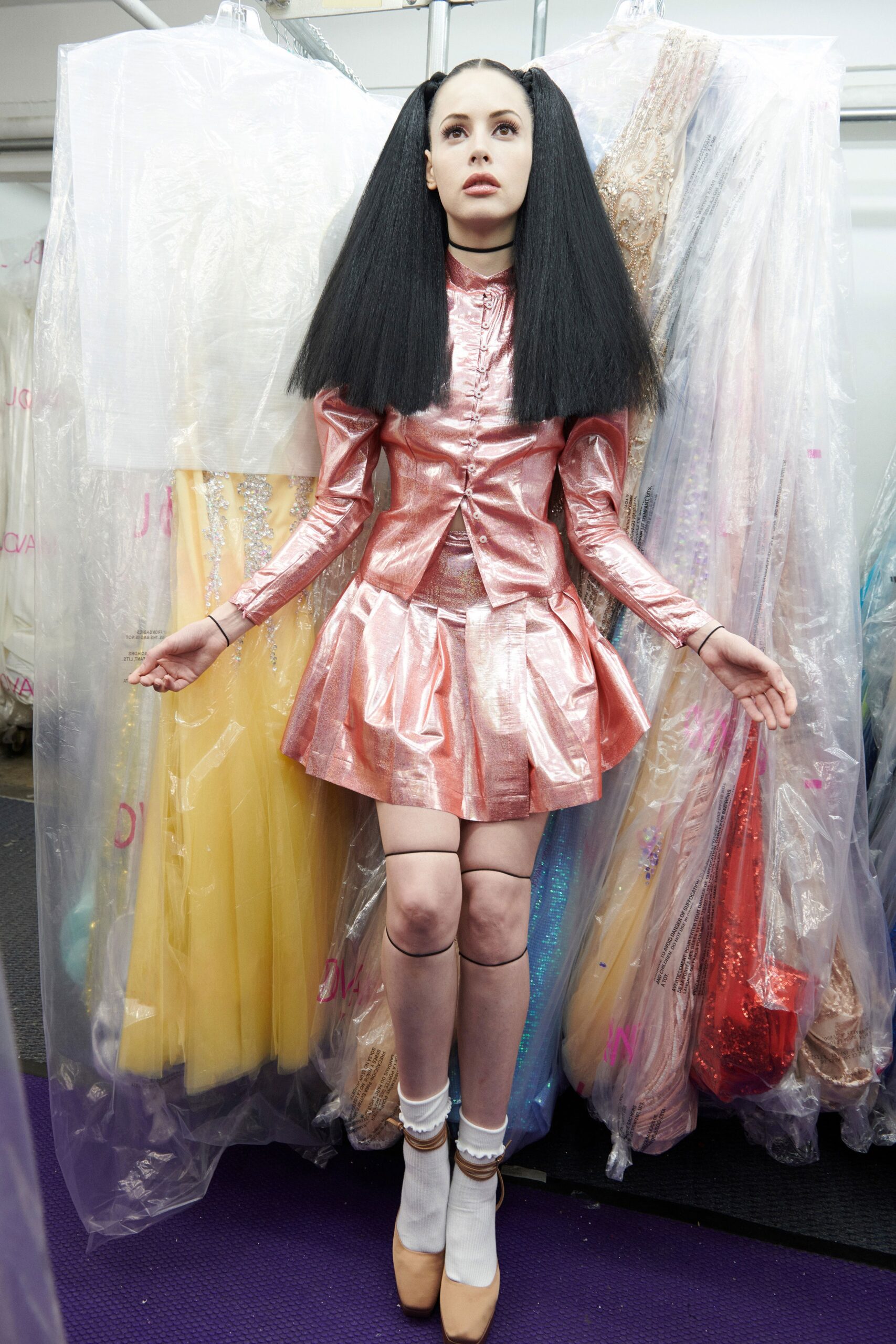 fitted metallic pink mini dress