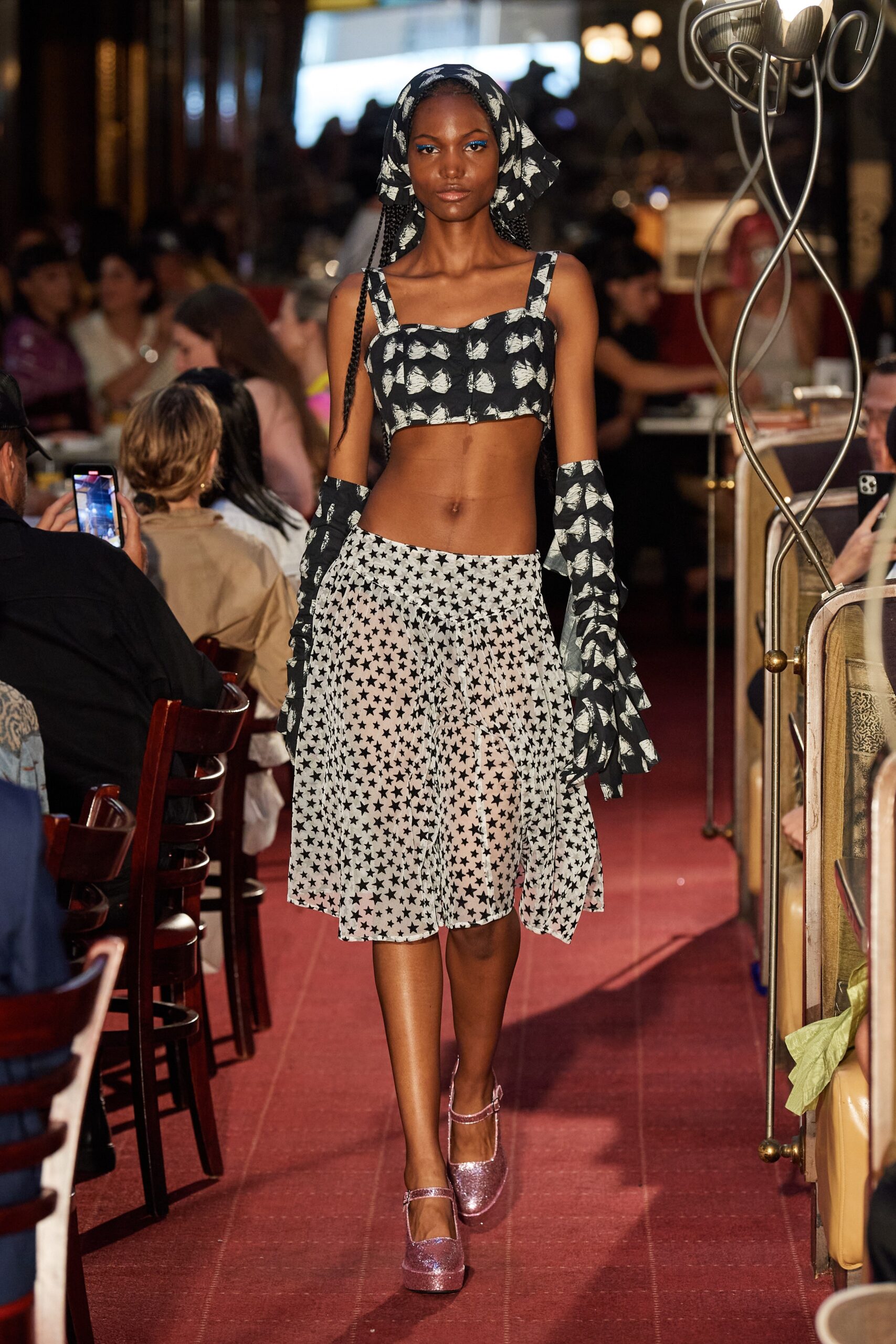 black and white crop-top and midi skirt