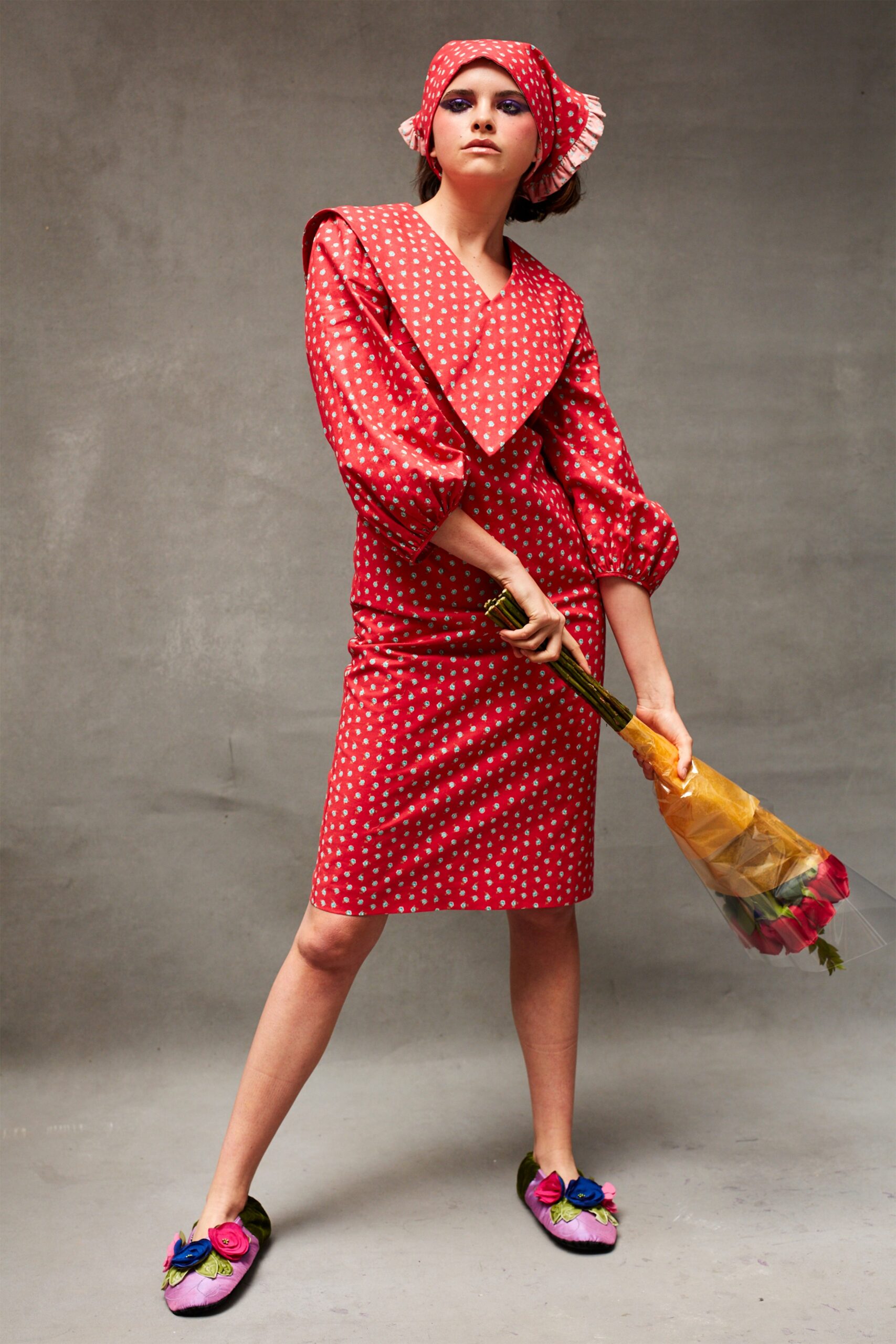red polka-dot midi dress