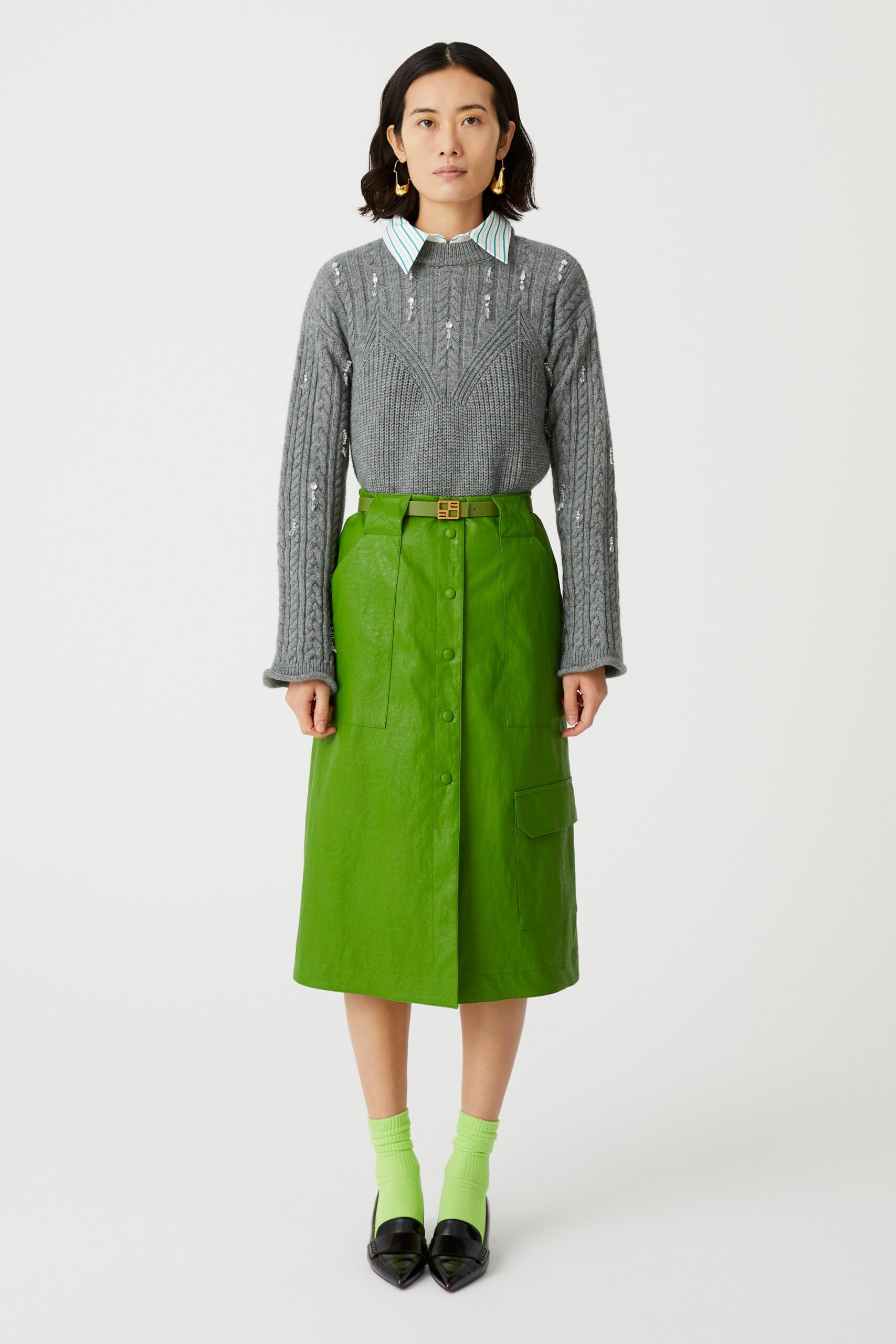 green leather fitted high-waisted buttoned pencil midi skirt