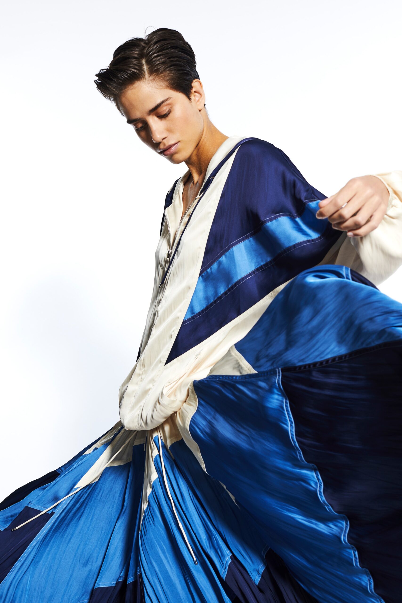 blue and cream silk maxi dress